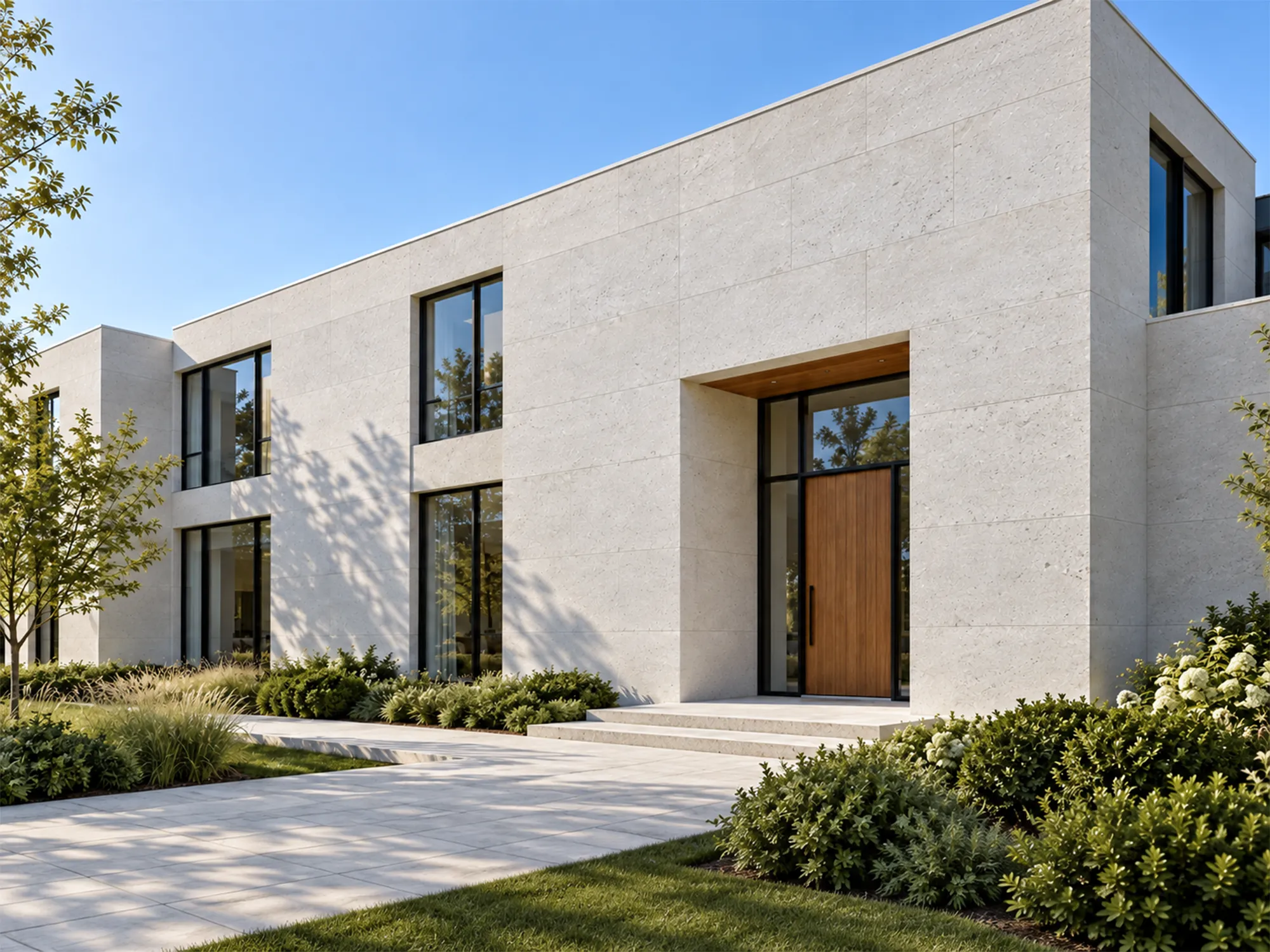 Classic Limestone cladding on a modern house facade with black-framed windows, a wooden entrance door, and landscaped planting.