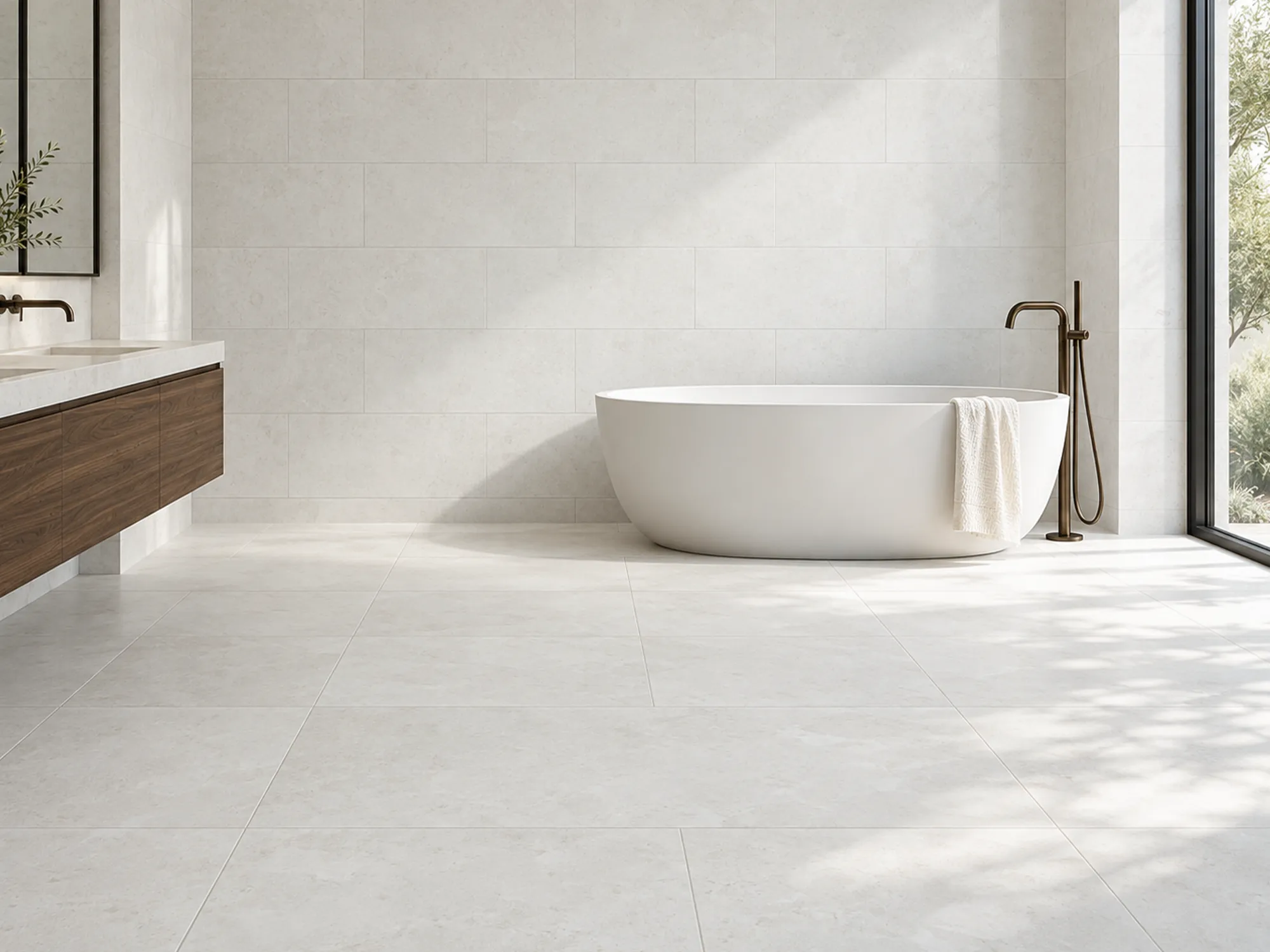 Cloudy Limestone wall and floor tiles in a sunlit bathroom with a freestanding white bathtub and floating wood vanity.