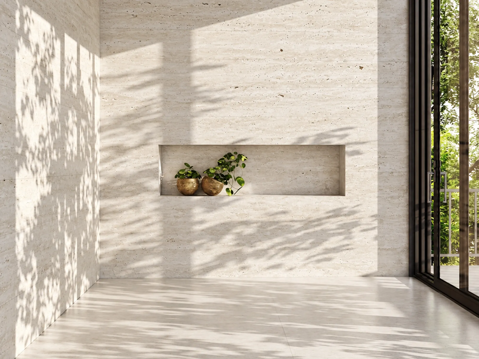 Beige travertine wall tiles with horizontal veining and a recessed niche holding two potted plants in natural sunlight.