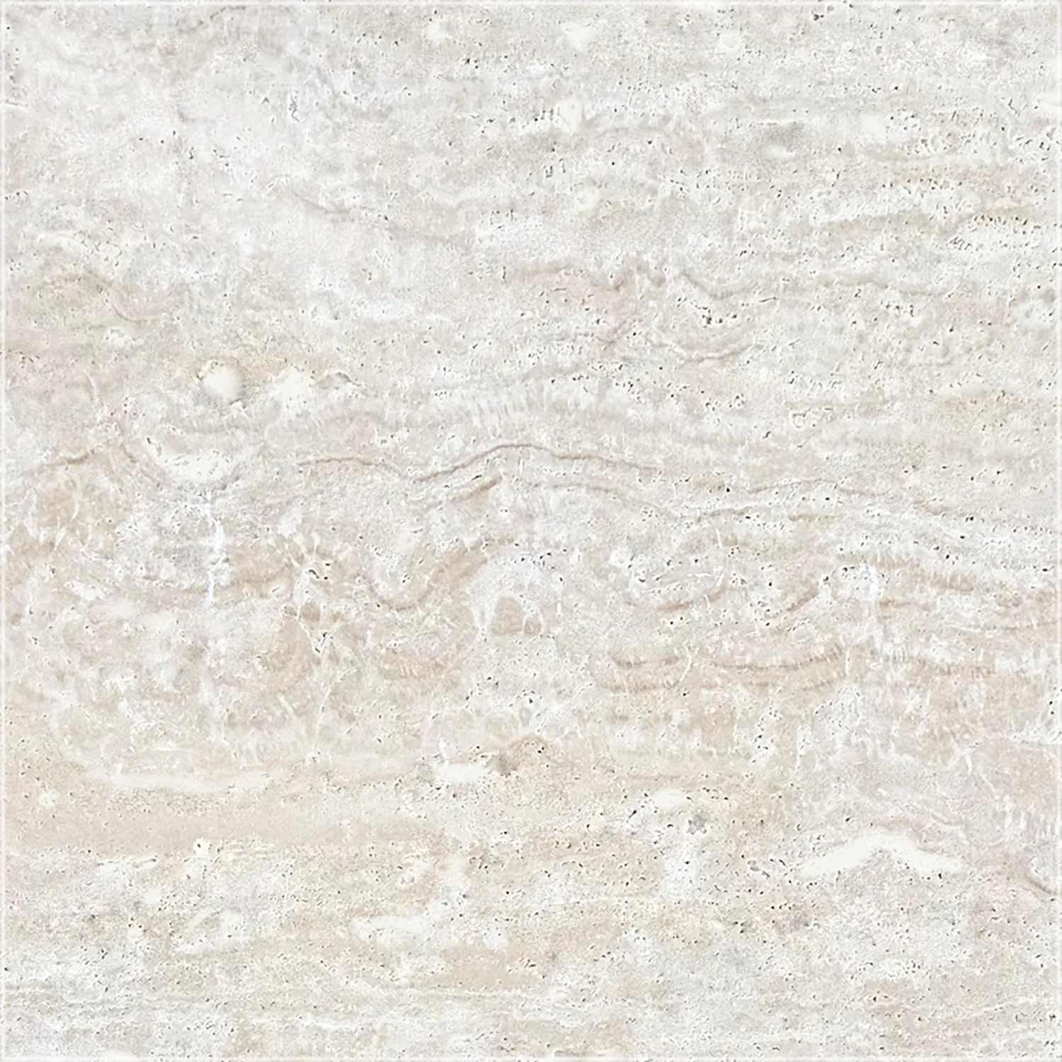 Filled polished Ivory Travertine Vein Cut tile with ivory and light beige bands and delicate tonal variation.