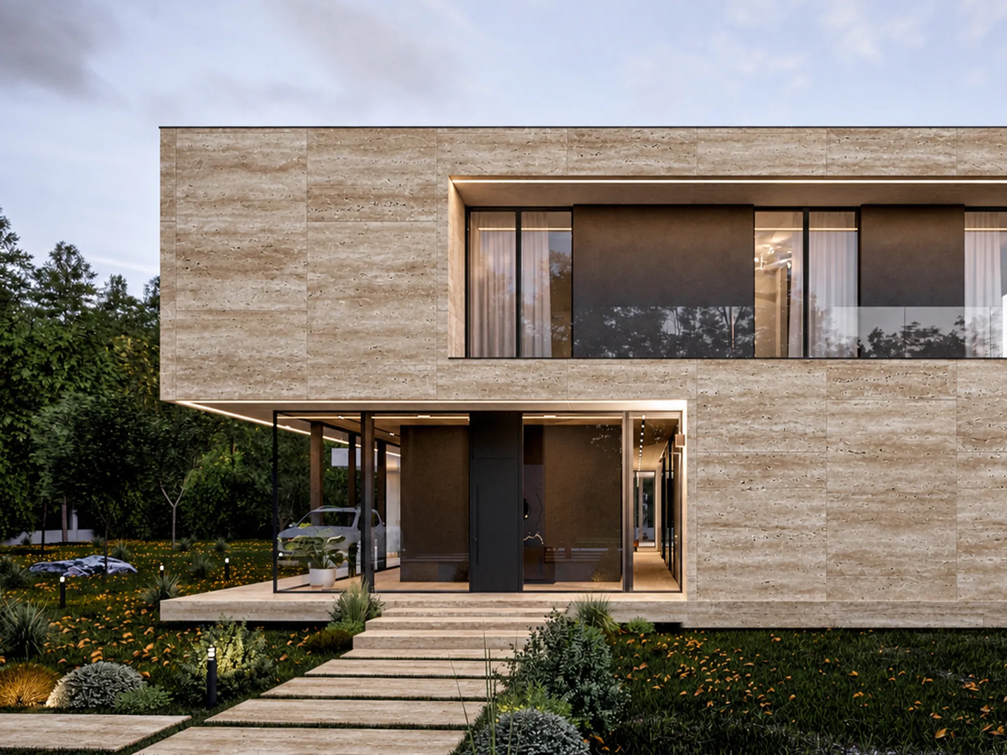 Walnut Travertine Vein Cut cladding on a modern two-story house with black-framed glazing, broad entrance steps, and landscaped planting.