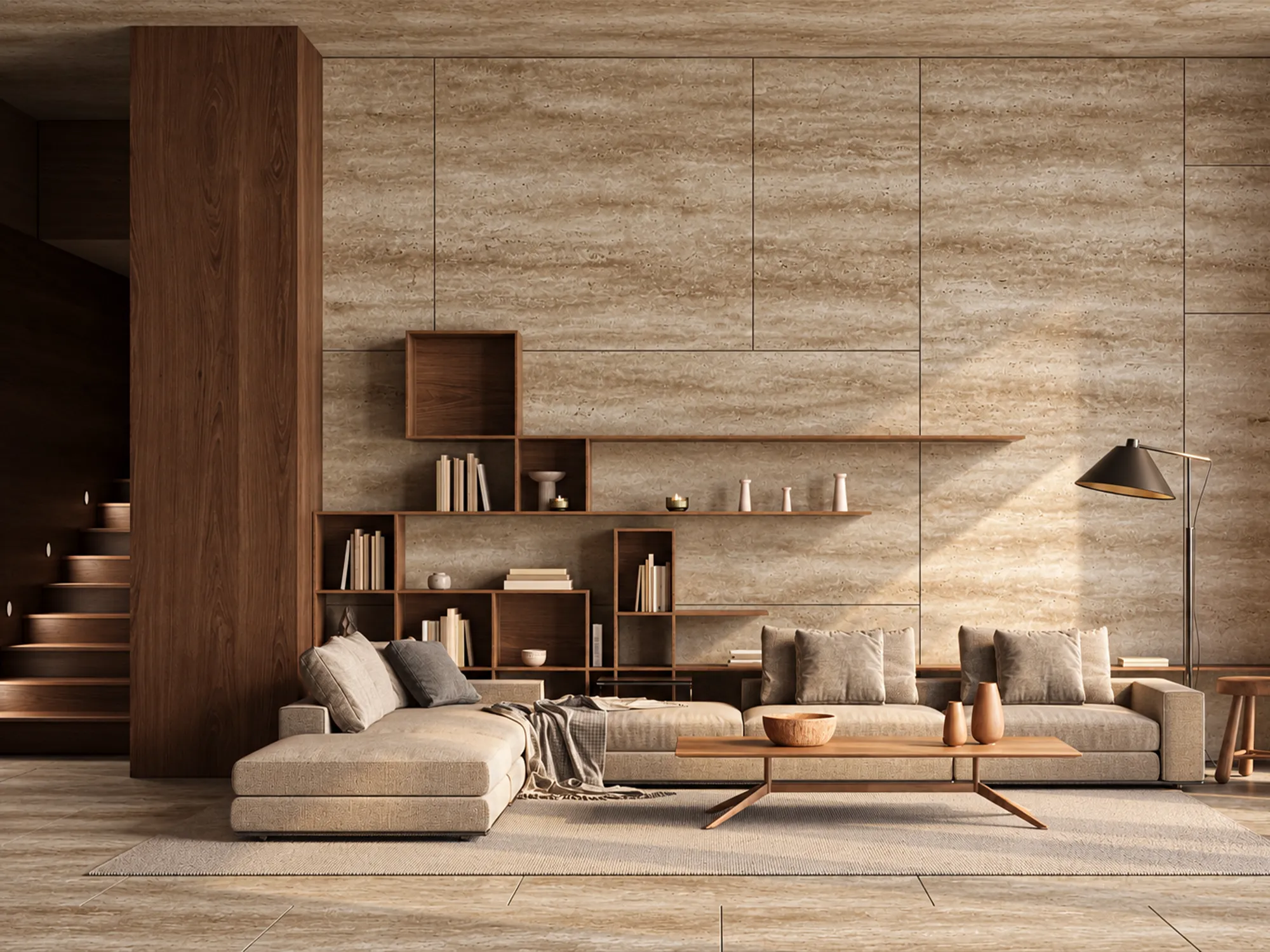 Walnut Travertine Vein Cut wall panels and flooring in a living room with wood shelving, a beige sectional sofa, and a wood coffee table.
