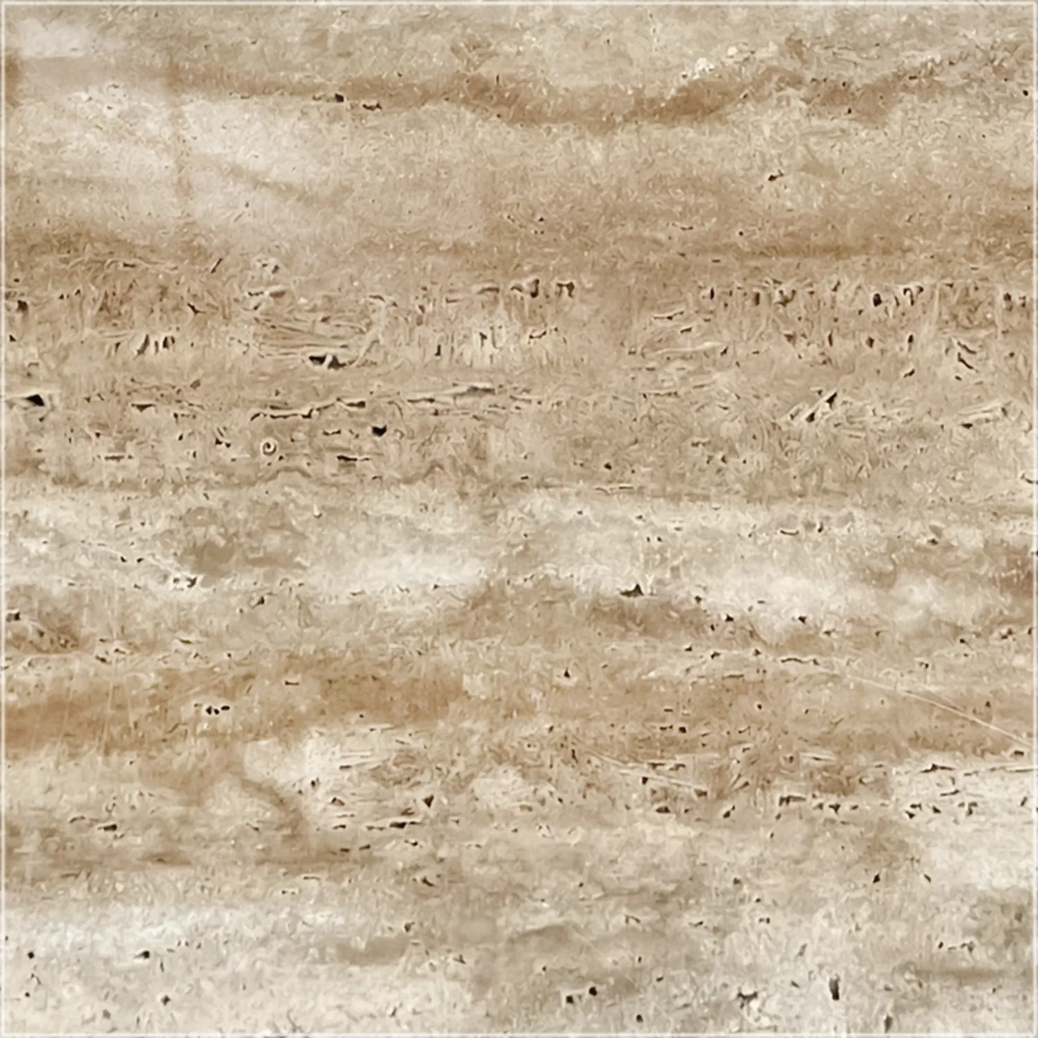 Unfilled polished Walnut Travertine Vein Cut tile showing warm tan bands, pale cream layers, and visible natural cavities.