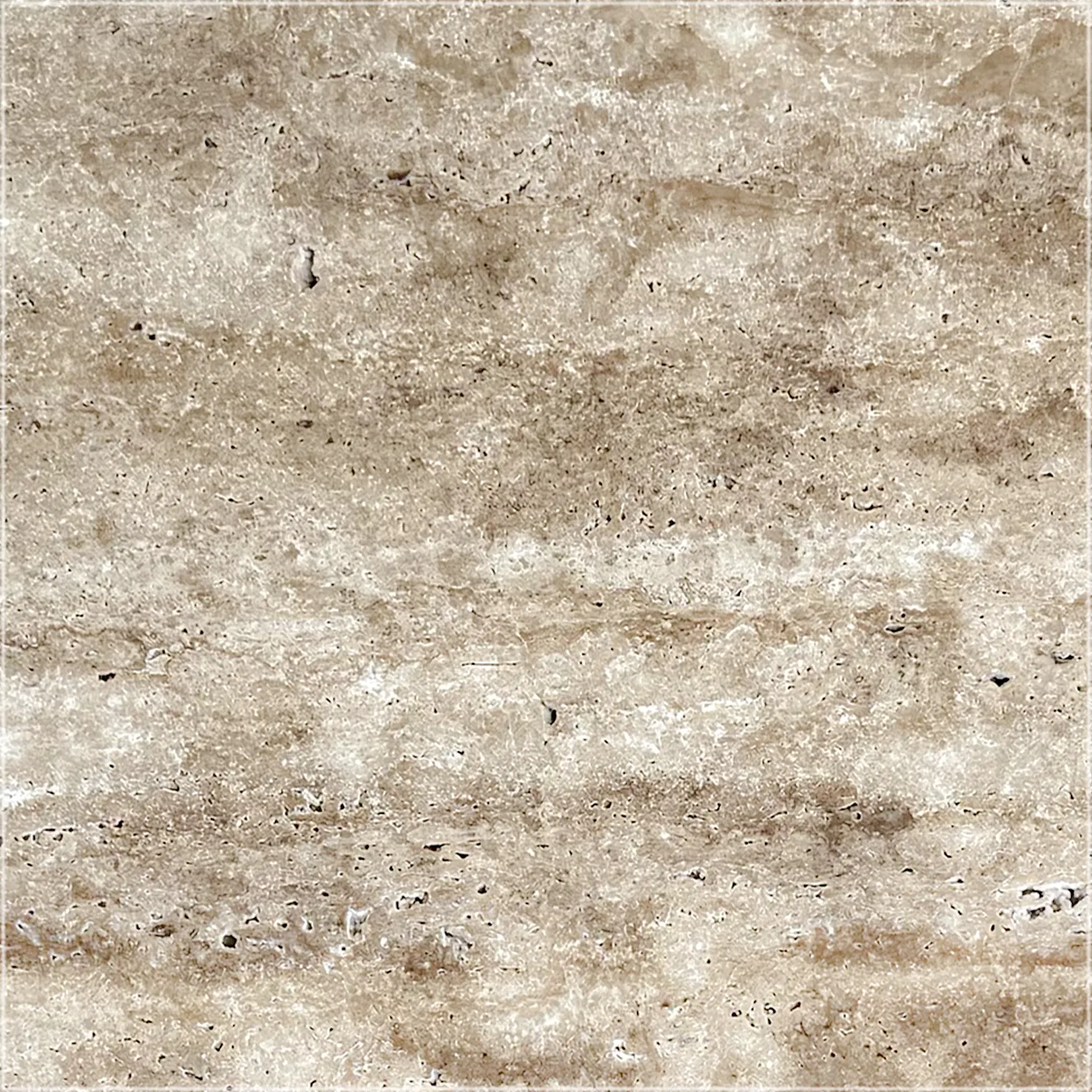 Unfilled brushed Walnut Travertine Vein Cut tile with textured beige and brown bands, cream markings, and open pores.