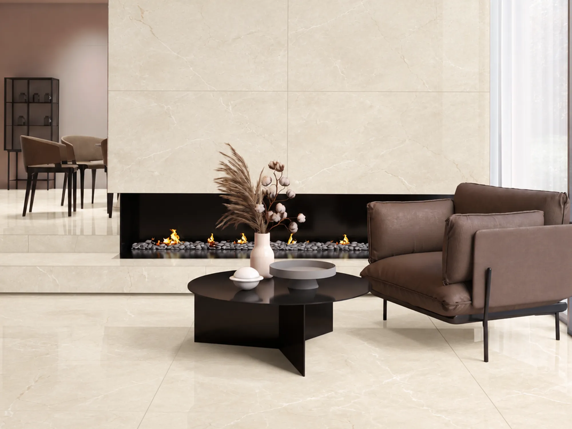 Sundein Beige marble fireplace cladding and floor tiles in a living room with a brown armchair and a black coffee table.