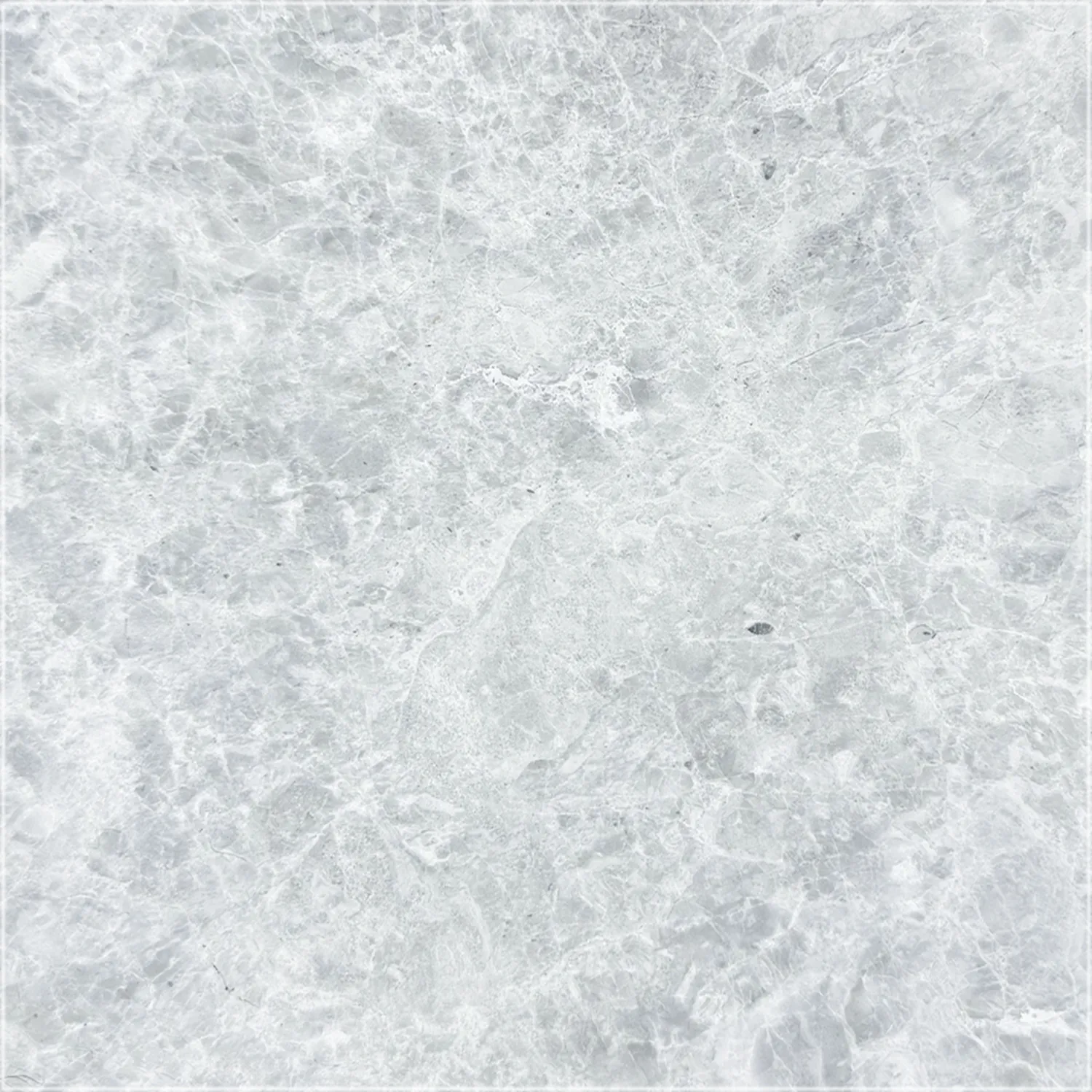 Tundra Grey marble with a honed finish, soft gray shading, branching white veins, and subtle darker accents.