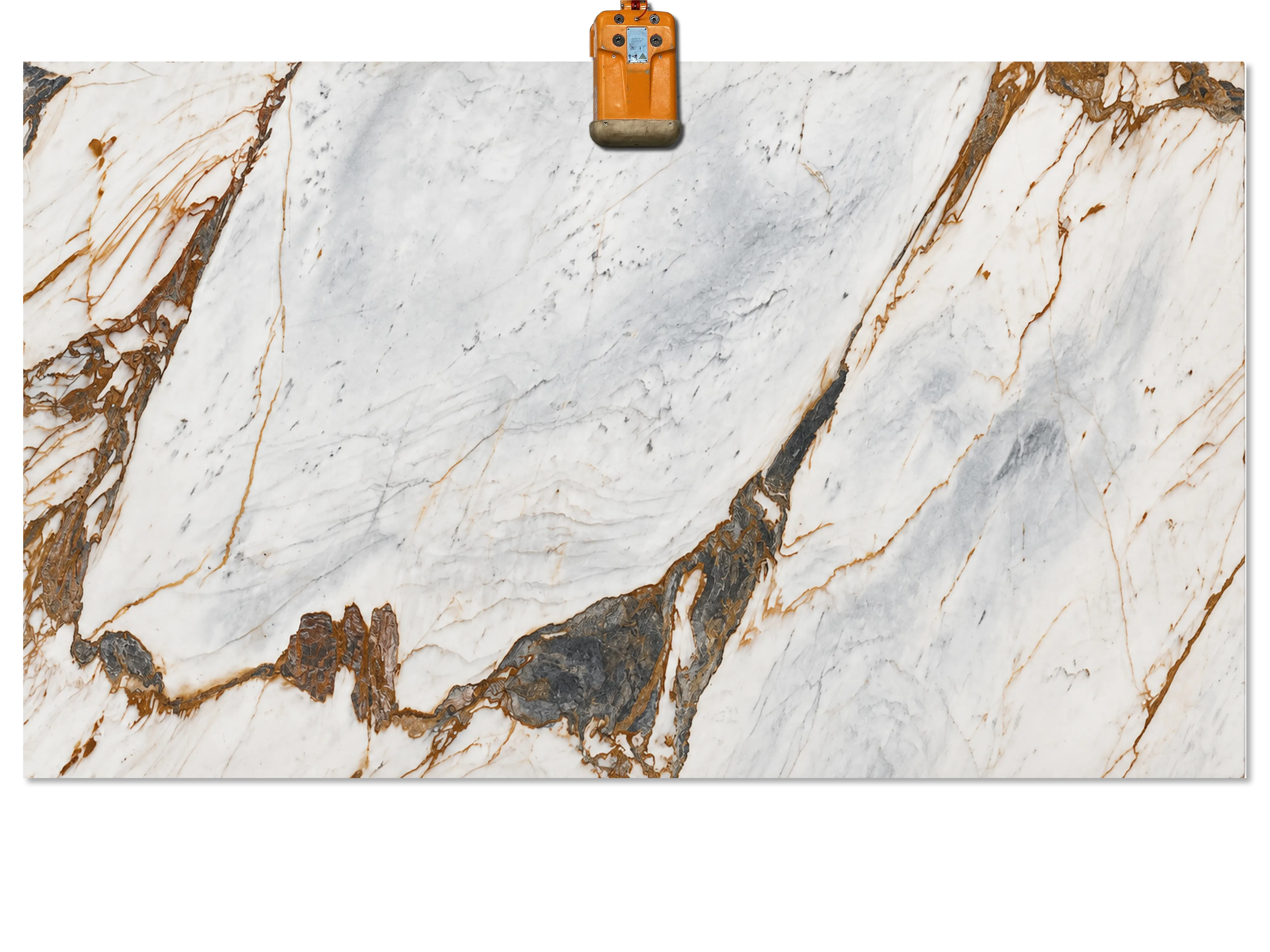 Calacatta Paonazzo marble slab with a white background, soft gray shading, and bold charcoal and gold-brown veining.