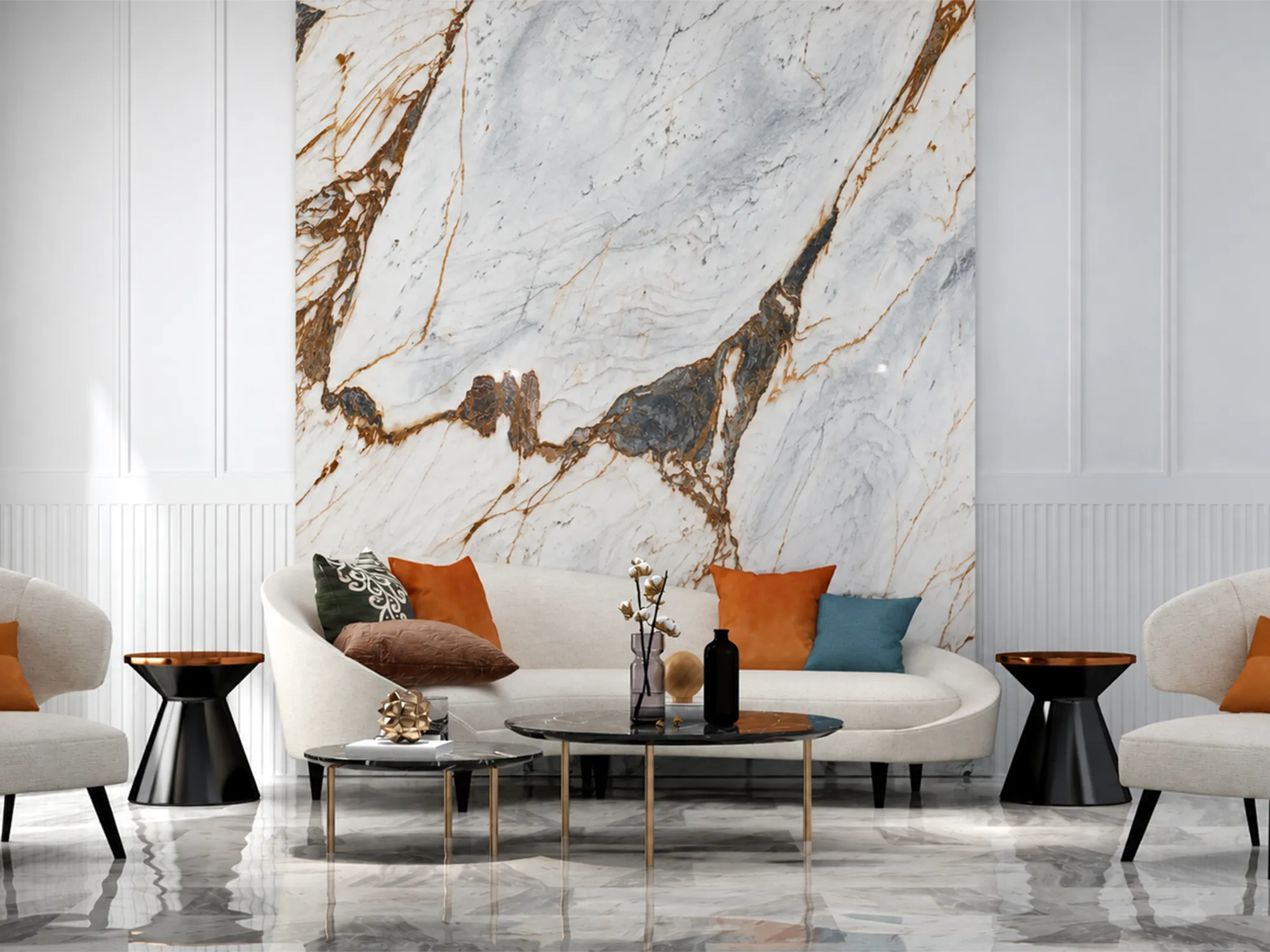 Calacatta Paonazzo marble slab with a white background, soft gray shading, and bold charcoal and gold-brown veining.