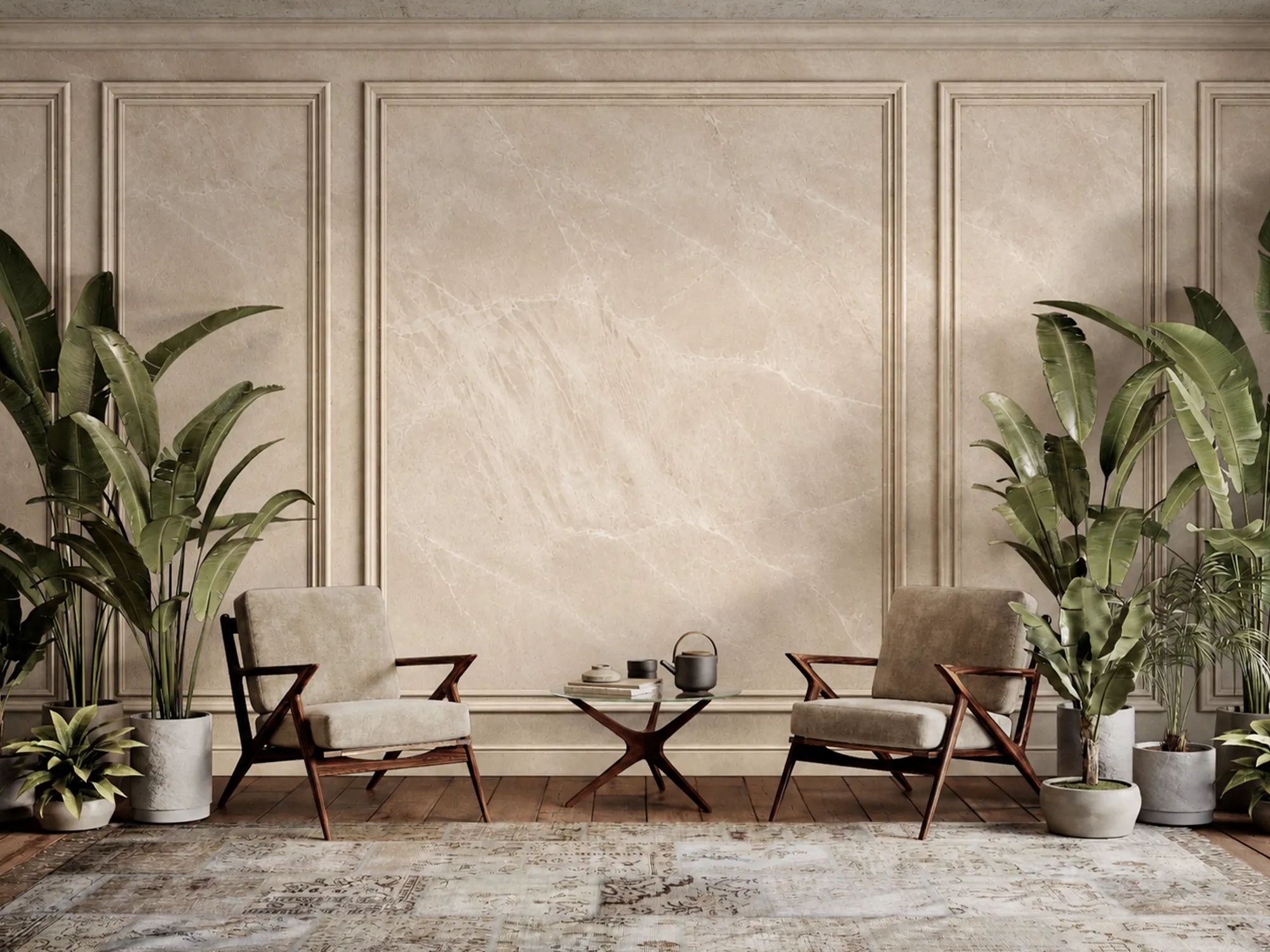 Burdur Beige marble wall panels with delicate white veining behind two wooden armchairs and indoor plants.