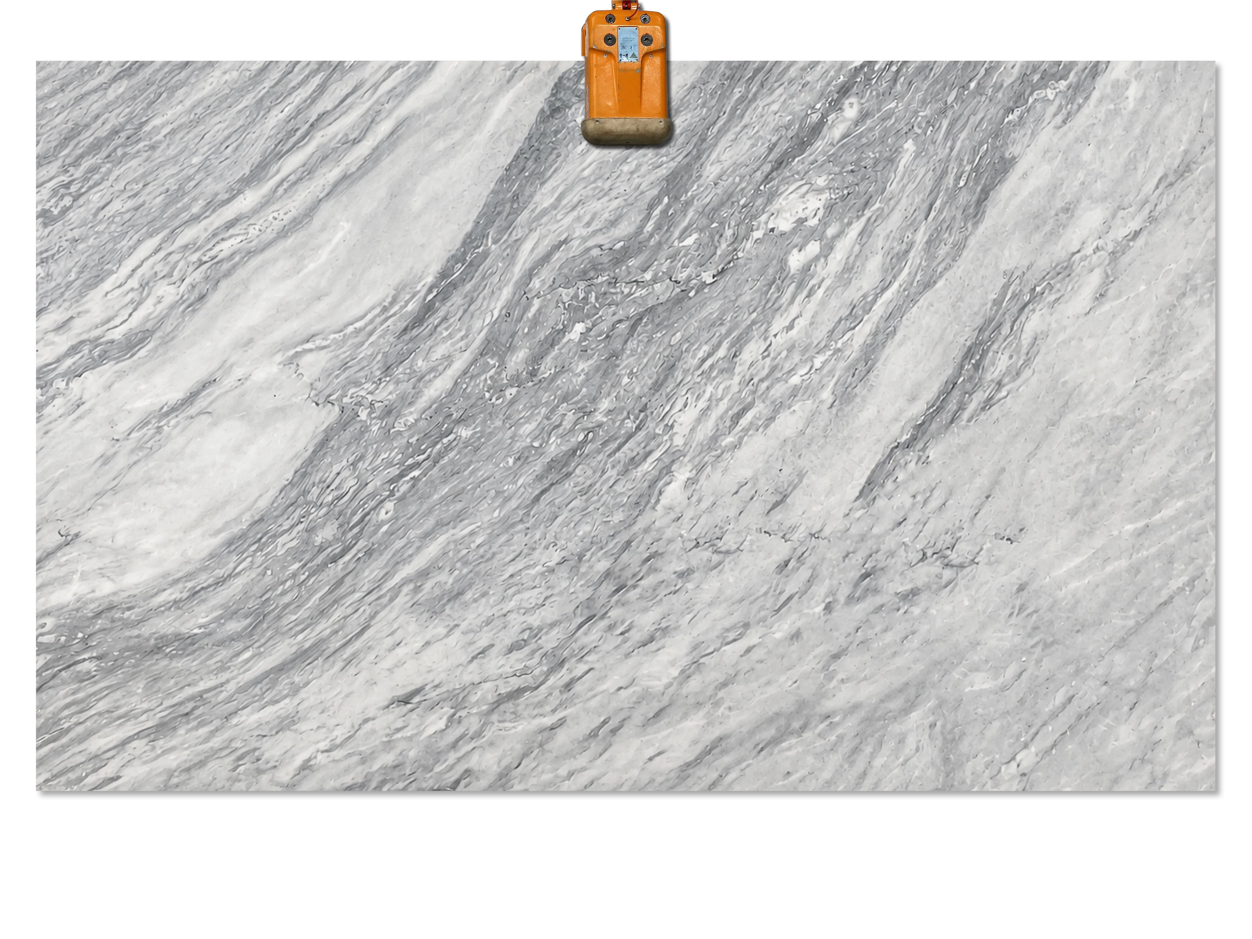 Cipollino Grey marble slab with sweeping diagonal bands of white and gray and fine, rippling veins.
