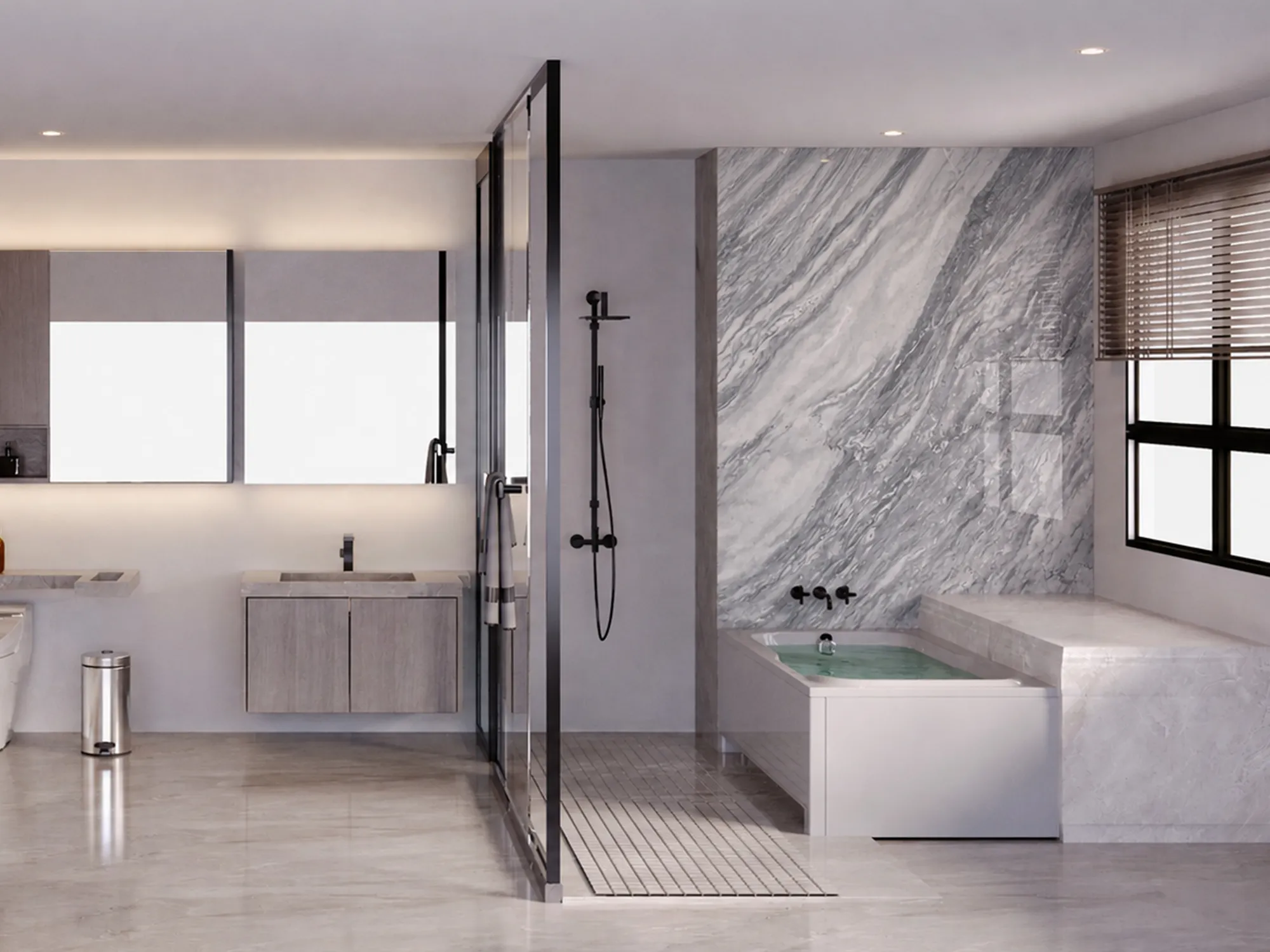 Cipollino Grey marble feature wall with diagonal gray and white veining behind a bathtub beside a glass shower enclosure.