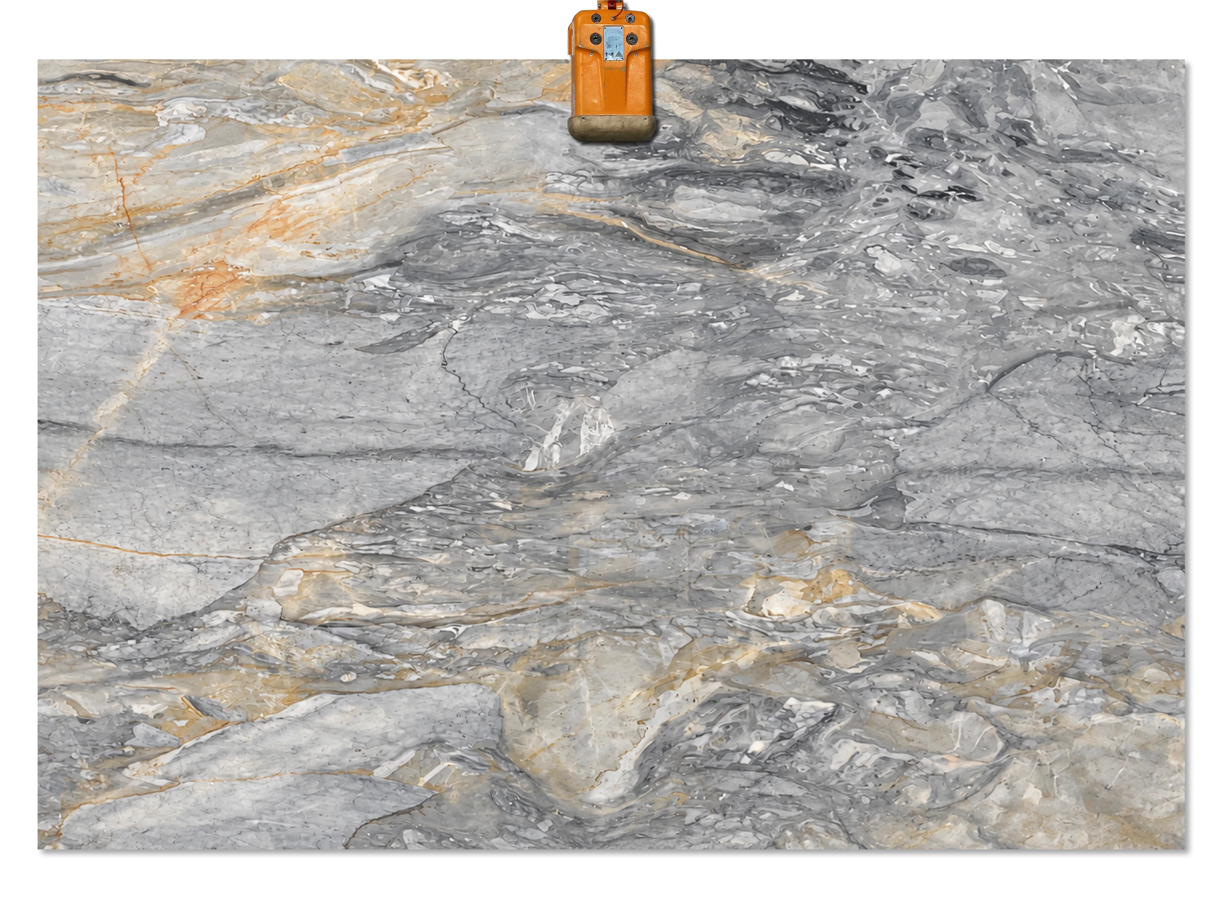 Belvedere Grey marble slab with layered gray patterns, irregular white markings, and warm beige and gold veining.