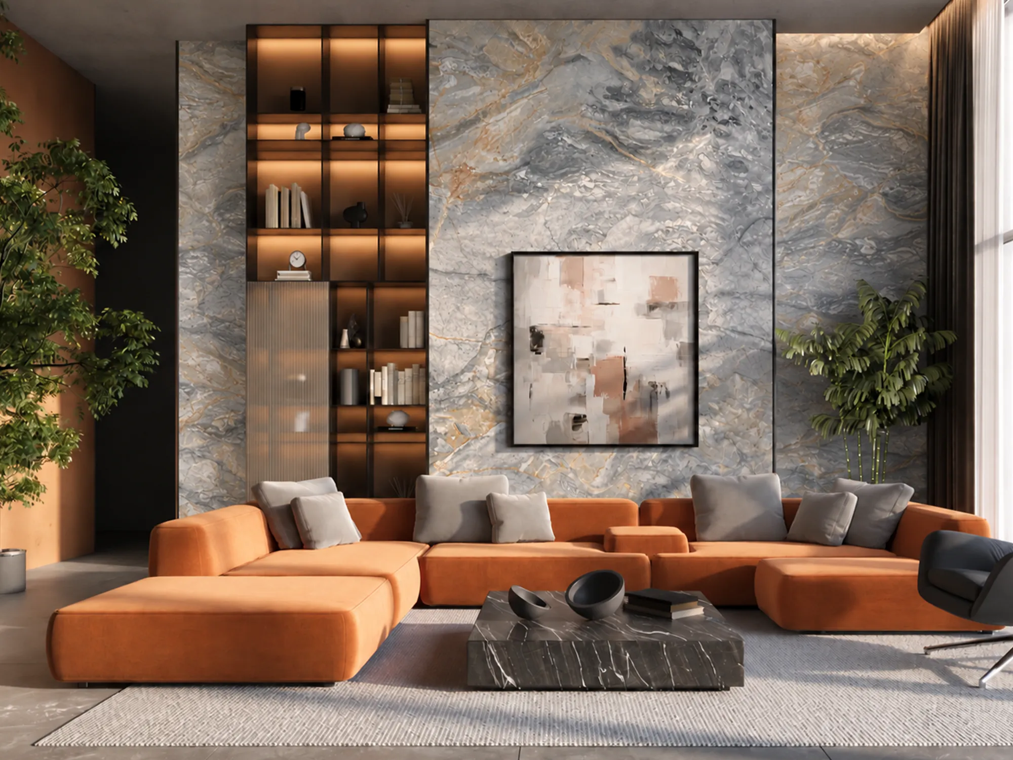 Belvedere Grey marble feature wall behind an orange sectional sofa, beside illuminated shelving and indoor plants.