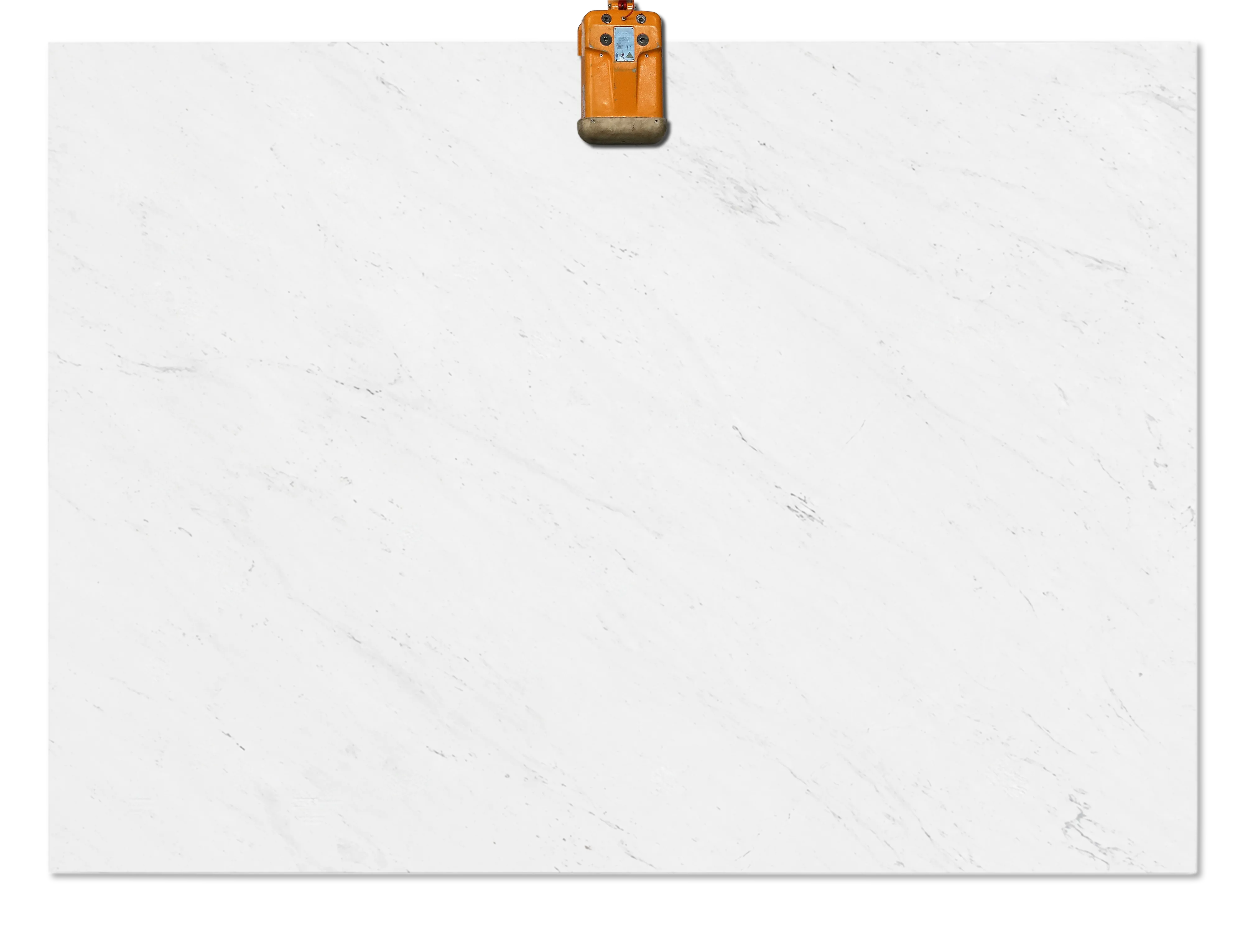 Calacatta Cremo marble slab with a soft white background and sparse, fine gray veins running diagonally across the surface.