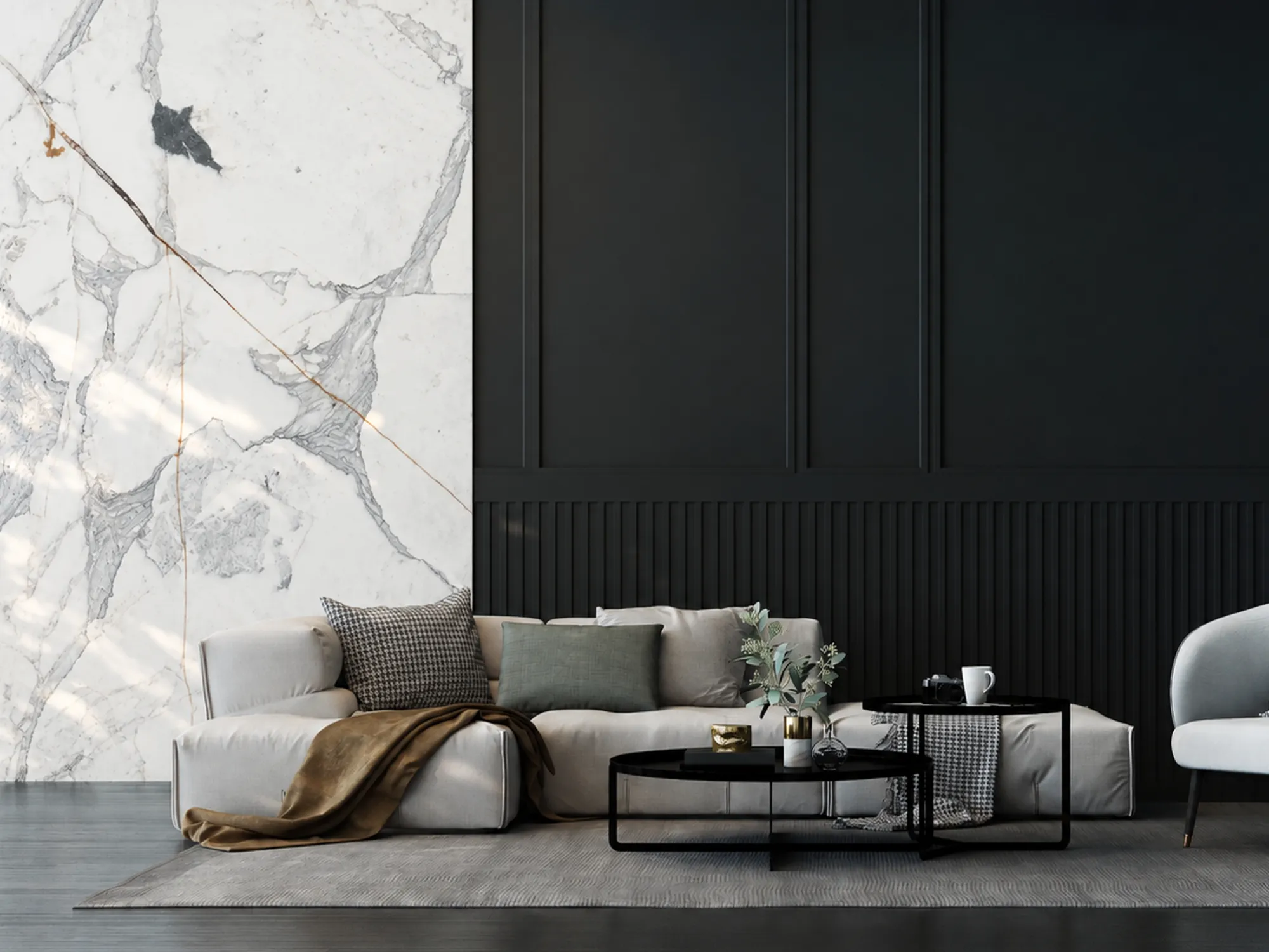 Calacatta Verde Selection 01 marble feature wall with gray and gold-brown veining beside dark wall panels and a light-colored sofa.