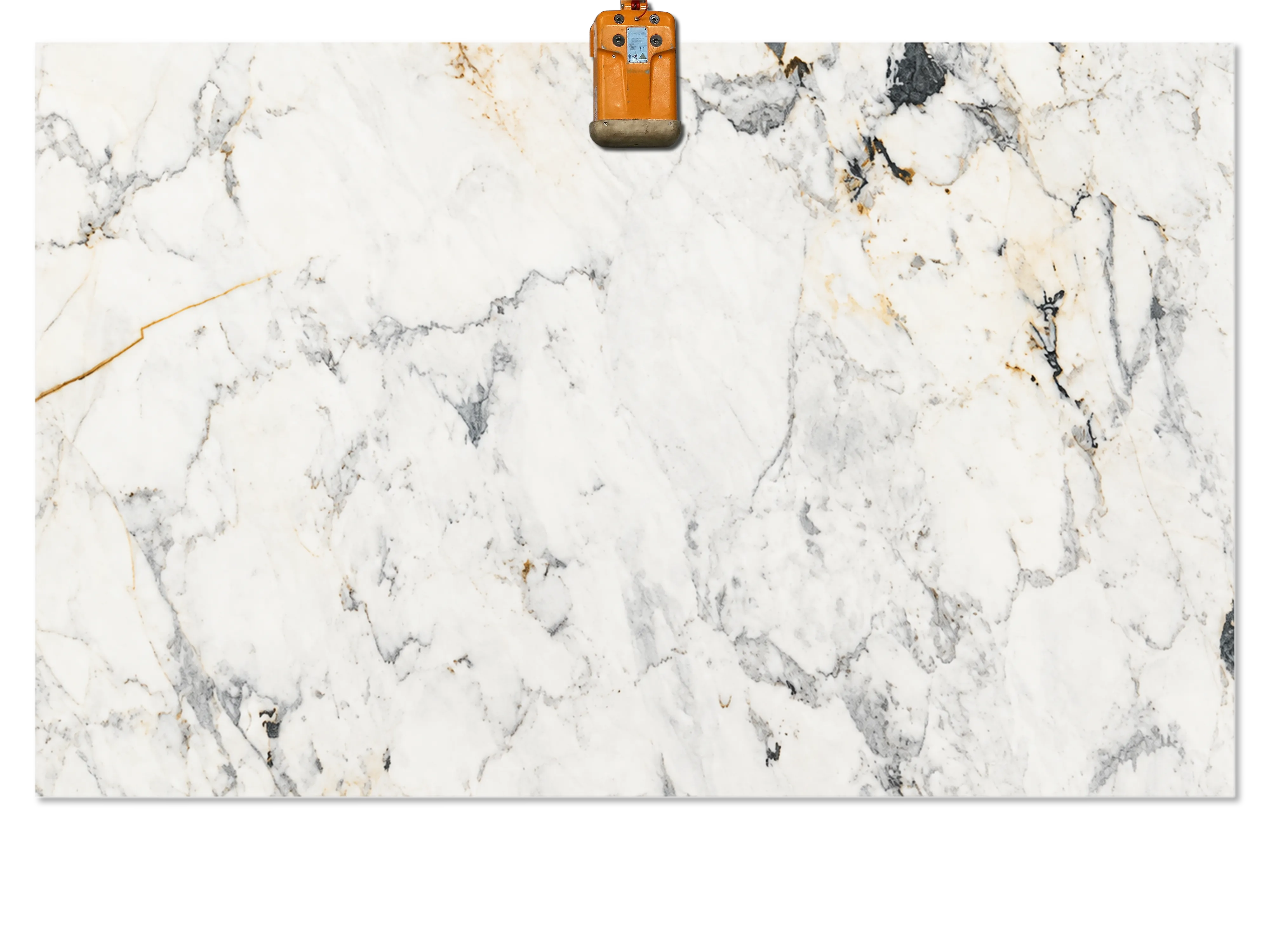 Calacatta Verde Selection 02 marble slab with a white background, irregular gray veining, gold lines, and dark accents.