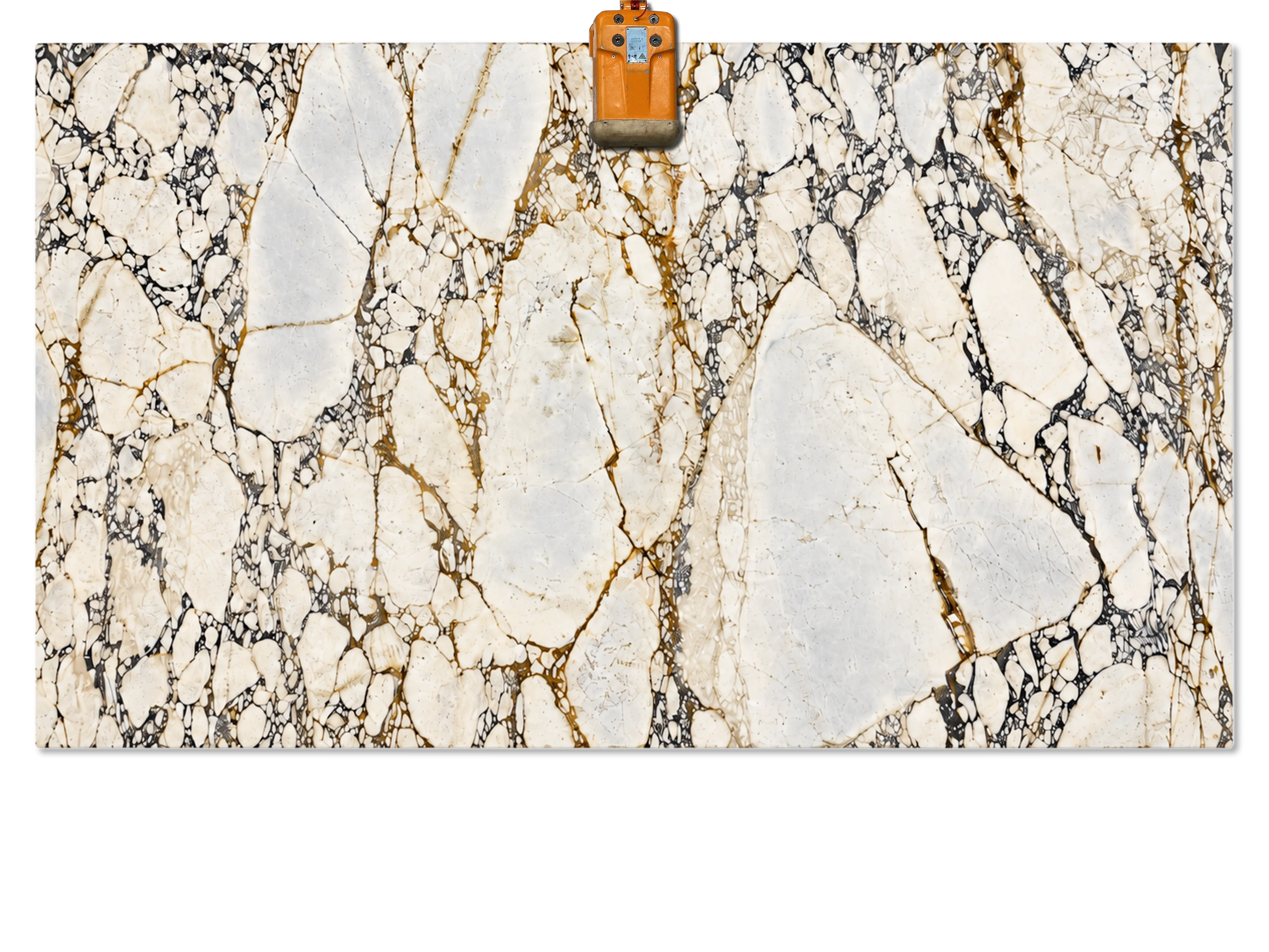 Calacatta Viola marble slab with large cream-white areas outlined by intricate charcoal and gold-brown veining.