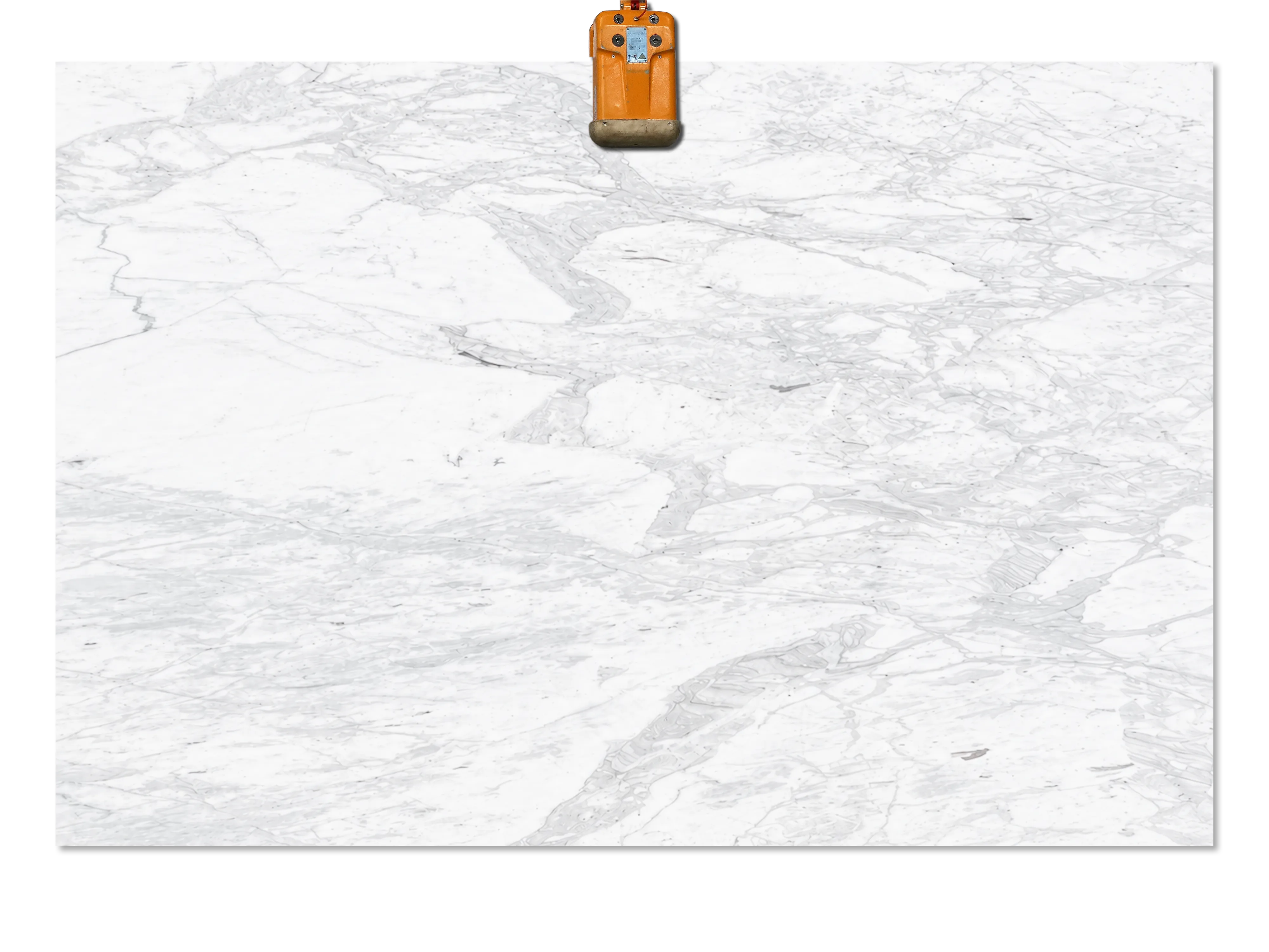 Calacatta Venato marble slab with a white background, soft gray branching veins, and fine lines surrounding broad white areas.