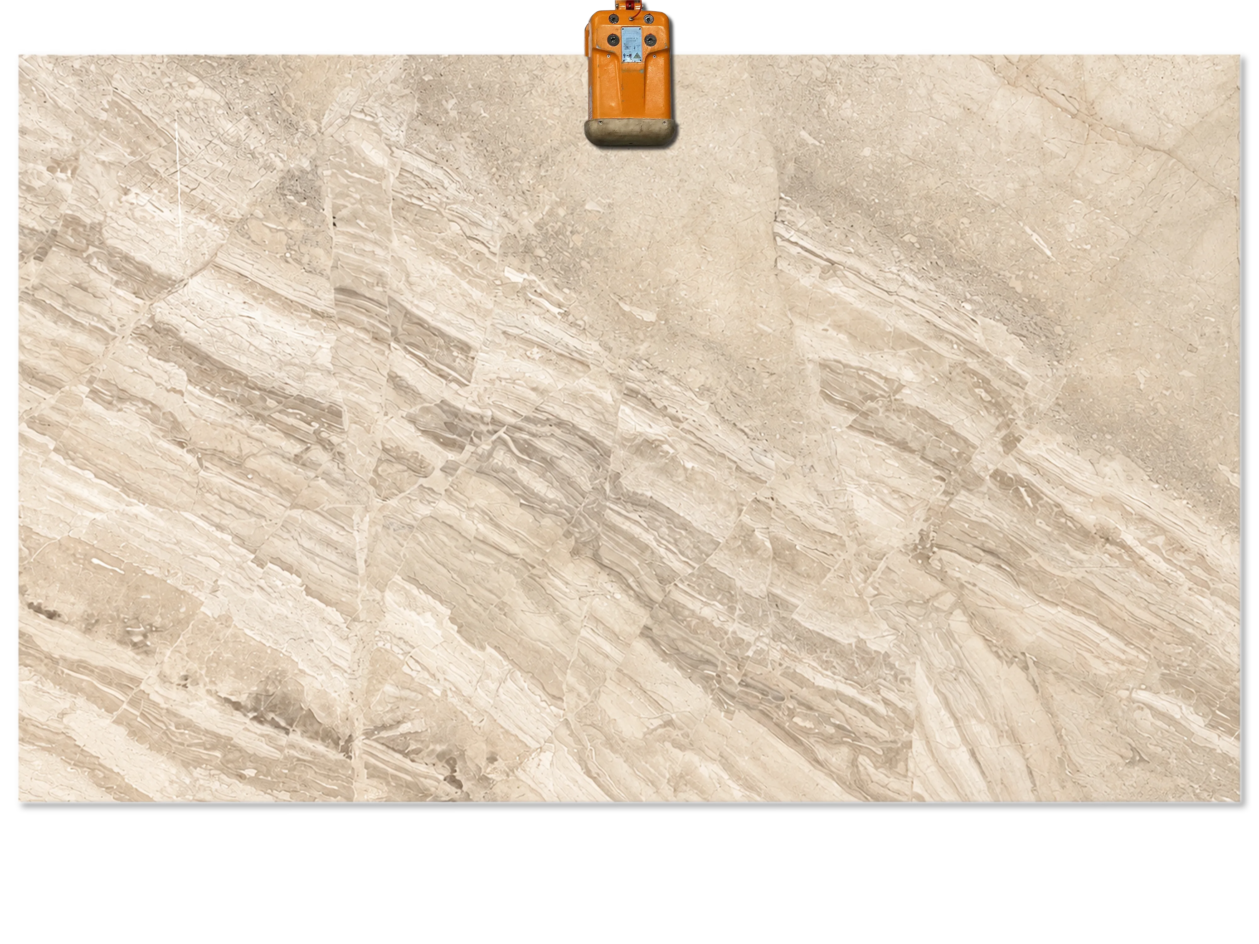 Diana Royal marble slab with warm beige and cream tones, layered diagonal patterns, and fine white veining.