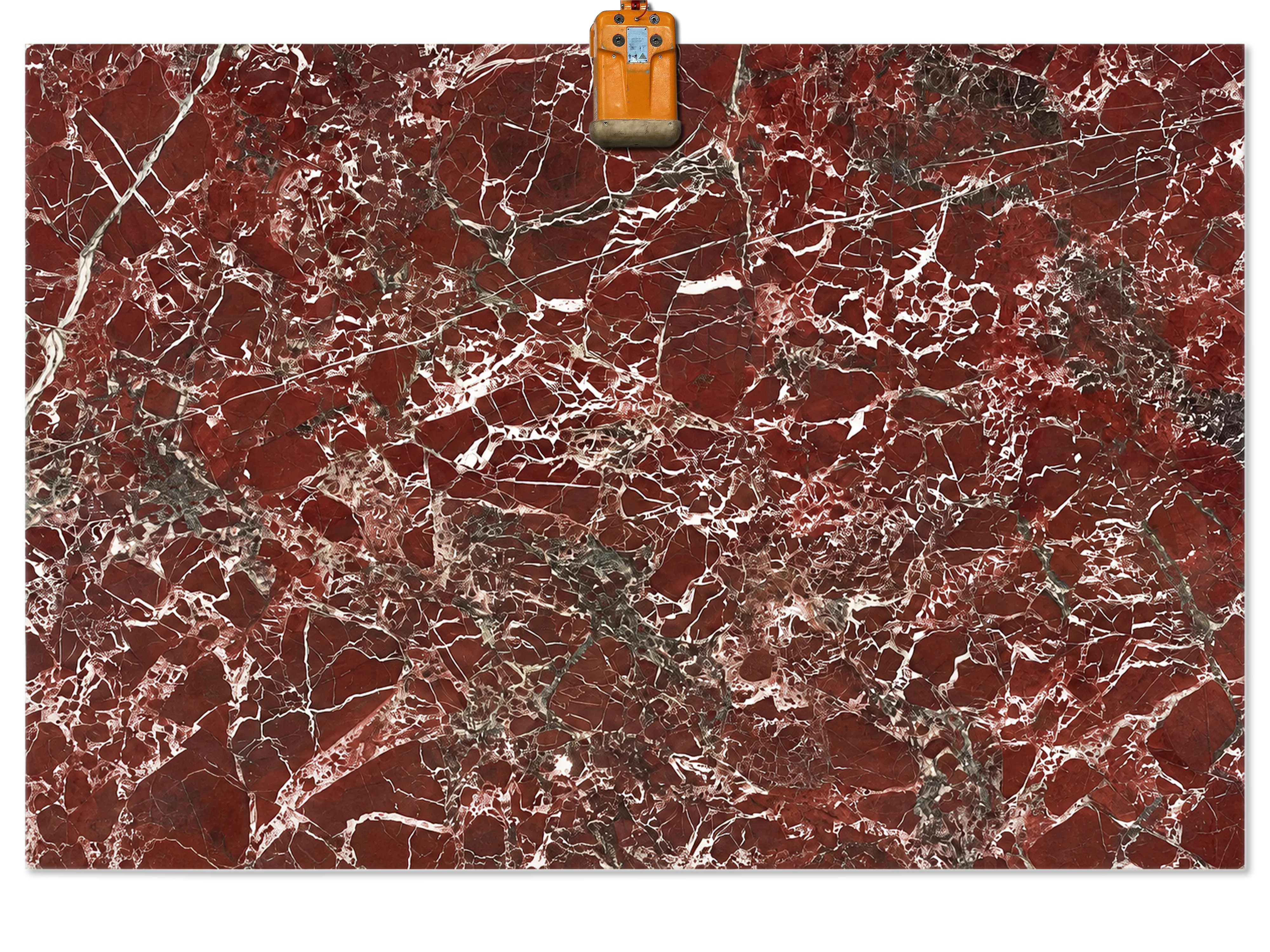 Rosso Levanto Marble Slabs from Turkey feature a deep red to burgundy background crossed by a dense network of white veins. Fine lines intersect with broader branches, while scattered dark gray areas add depth and variation to the pattern. The accompanying images illustrate the stone on a fireplace surround and a rectangular coffee table. Its rich color and pronounced veining create a focal point alongside cream upholstery, natural wood, and simple architectural forms. Available in Polished, Honed, and Brushed finishes, with thickness options of 3/4" and 1-1/4". Slab dimensions vary by block. Contact Napa Stone in Old Bethpage, New York, for current slab photographs, measurements, and availability.