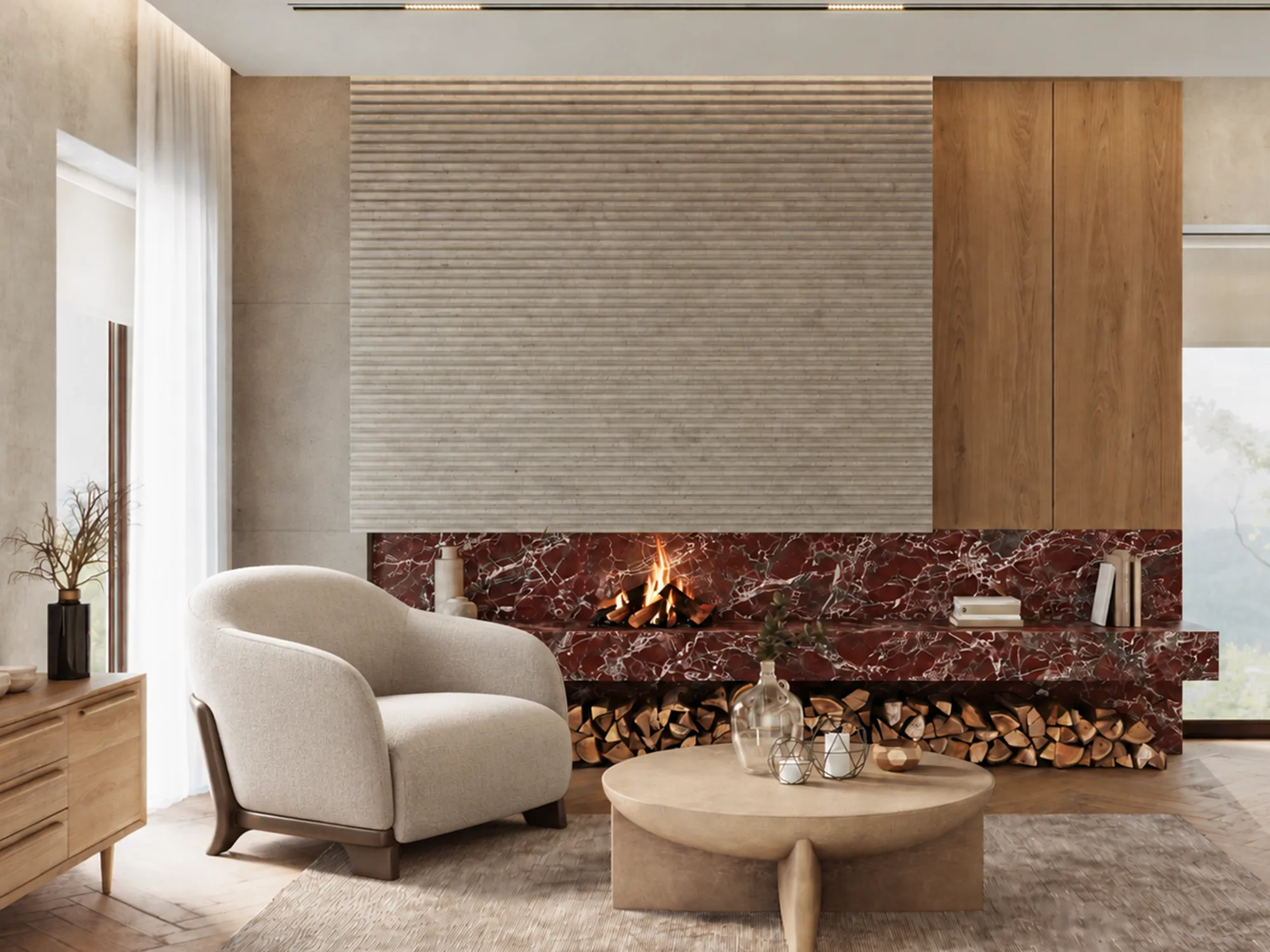Rosso Levanto red marble fireplace surround and hearth with white veining, beside a cream armchair and stacked firewood.