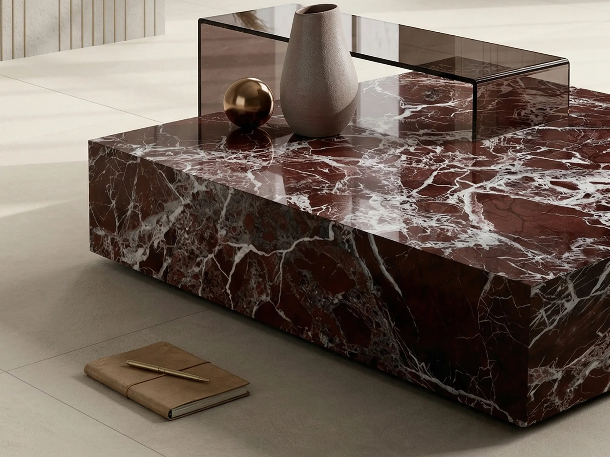 Rosso Levanto marble coffee table with deep burgundy tones and dense white veining across its top and sides.