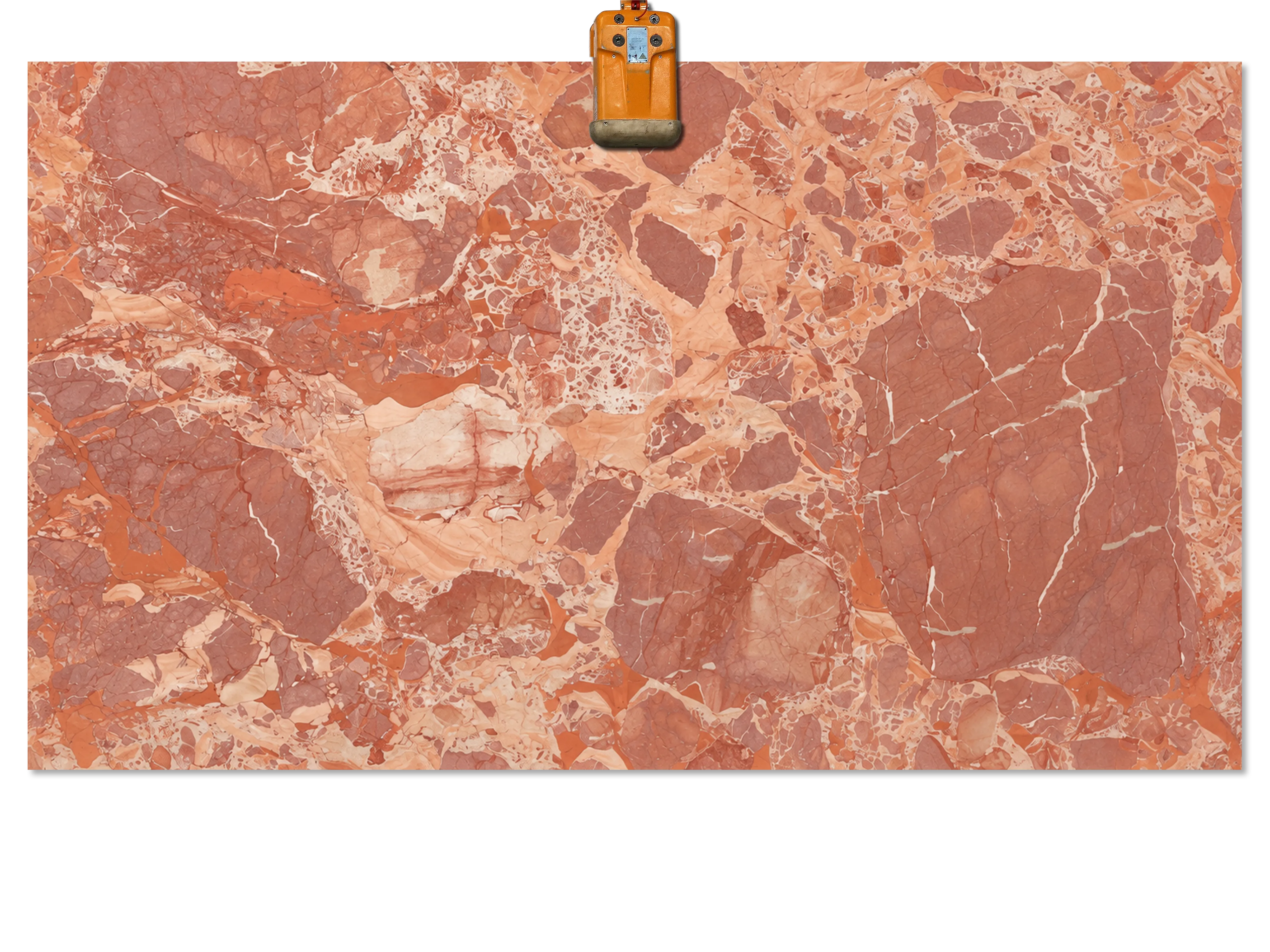 Rosso California marble slab with coral red and terracotta formations separated by cream bands and fine white veins.