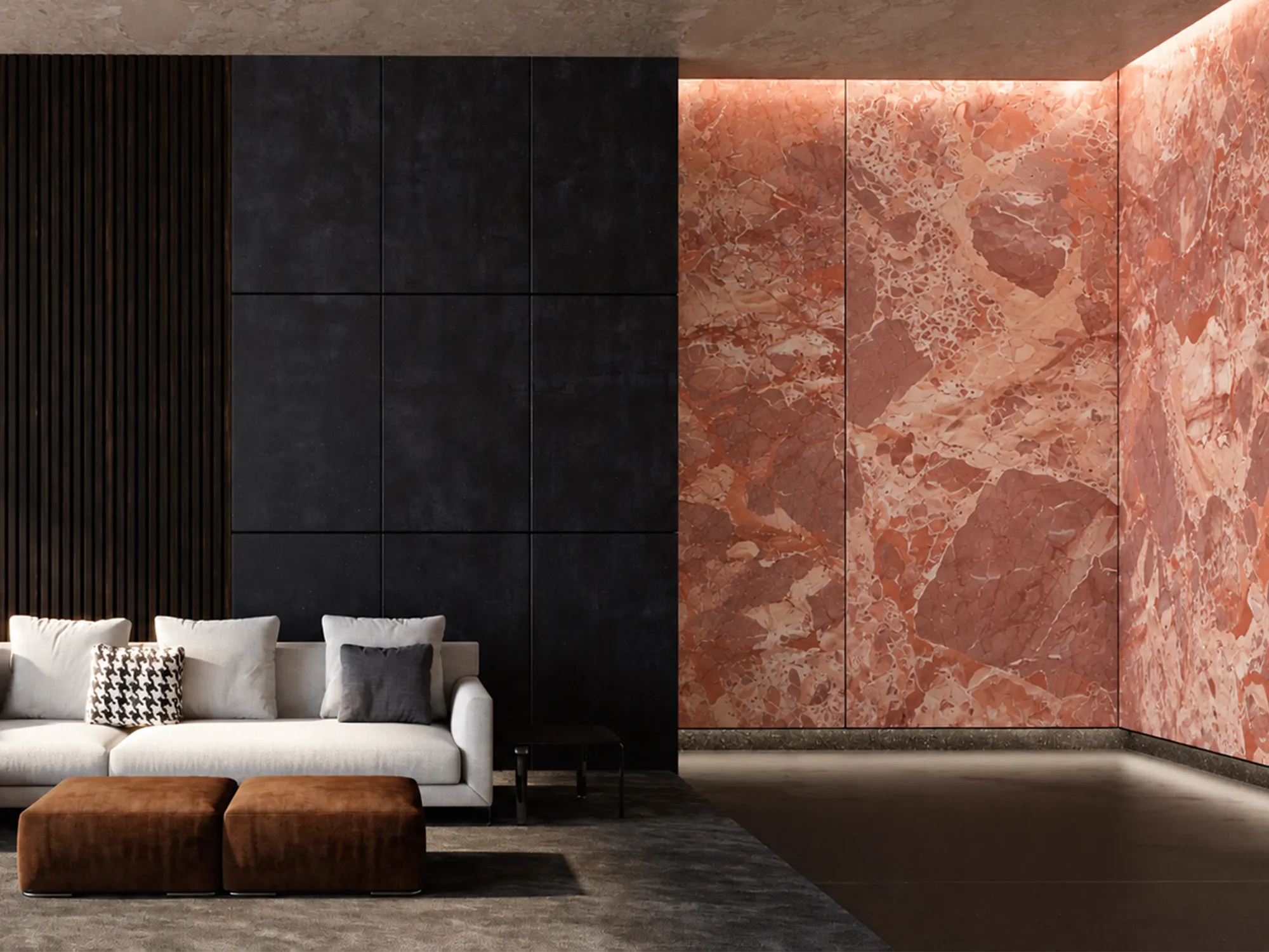 Rosso California marble corner feature wall with coral and cream patterns beside dark wall panels and a light-colored sofa.