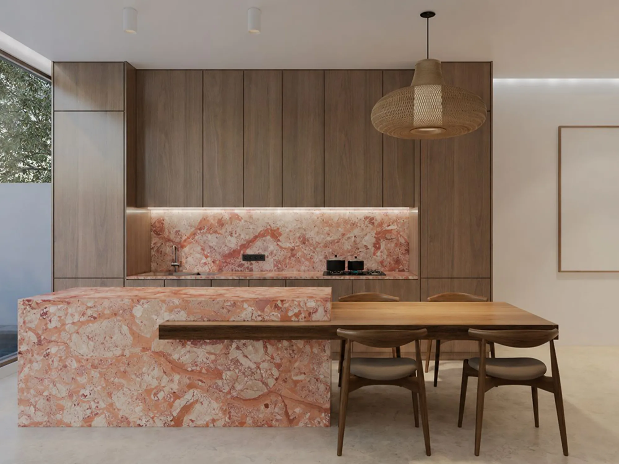 Rosso Breccia Selection 02 marble kitchen island and matching backsplash with cream and terracotta patterns beside wood cabinetry.