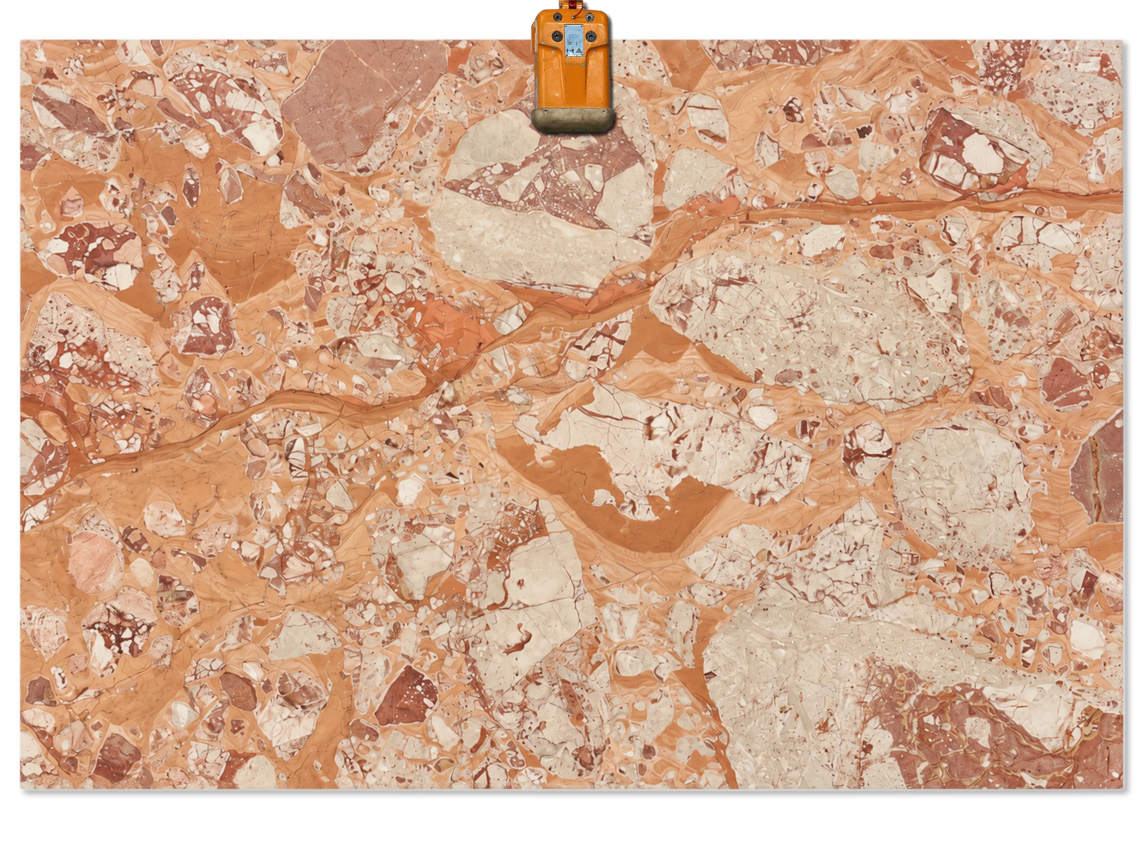 Rosso Breccia Selection 02 marble slab with large cream fragments, peach and terracotta bands, and fine rust-red veins.