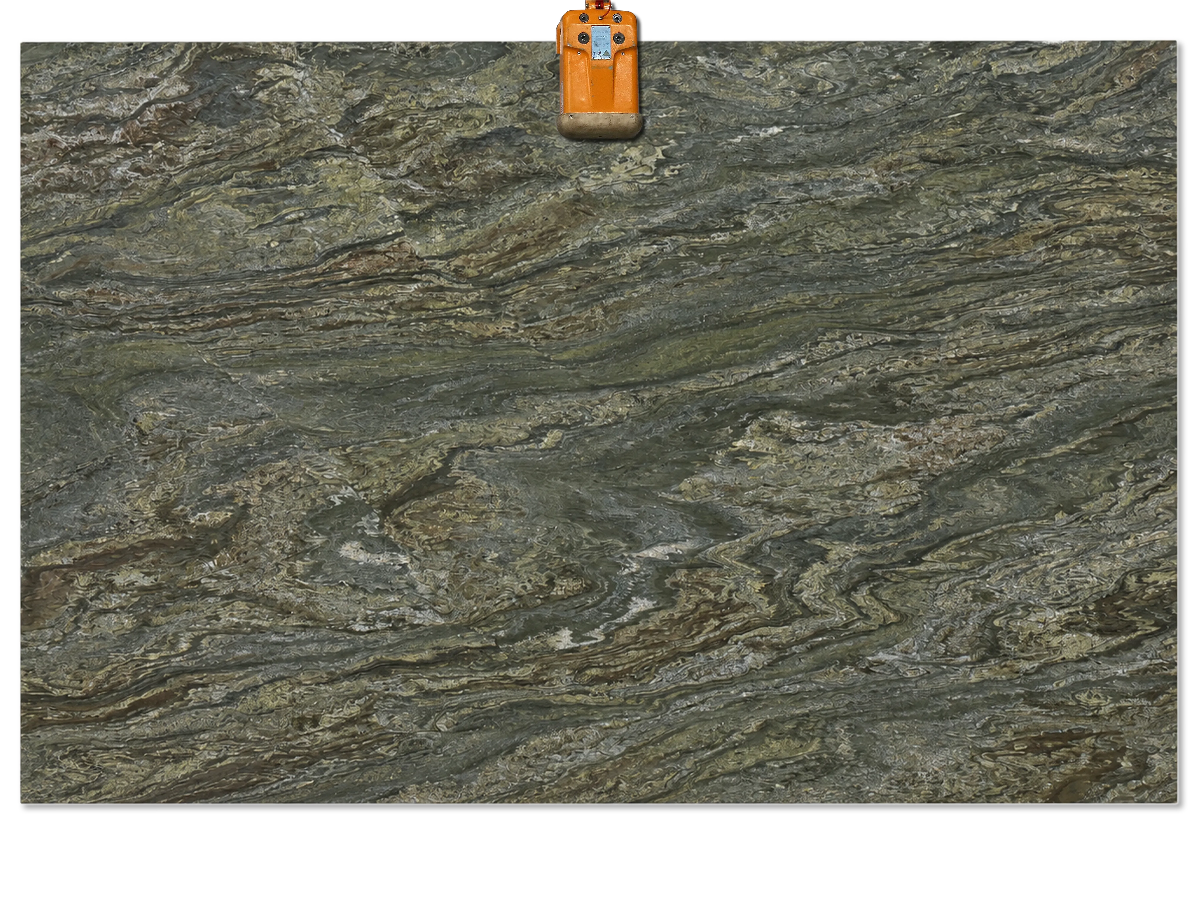 Verde Oasis marble slab with flowing olive-green and gray layers, fine cream markings, and muted brown accents.