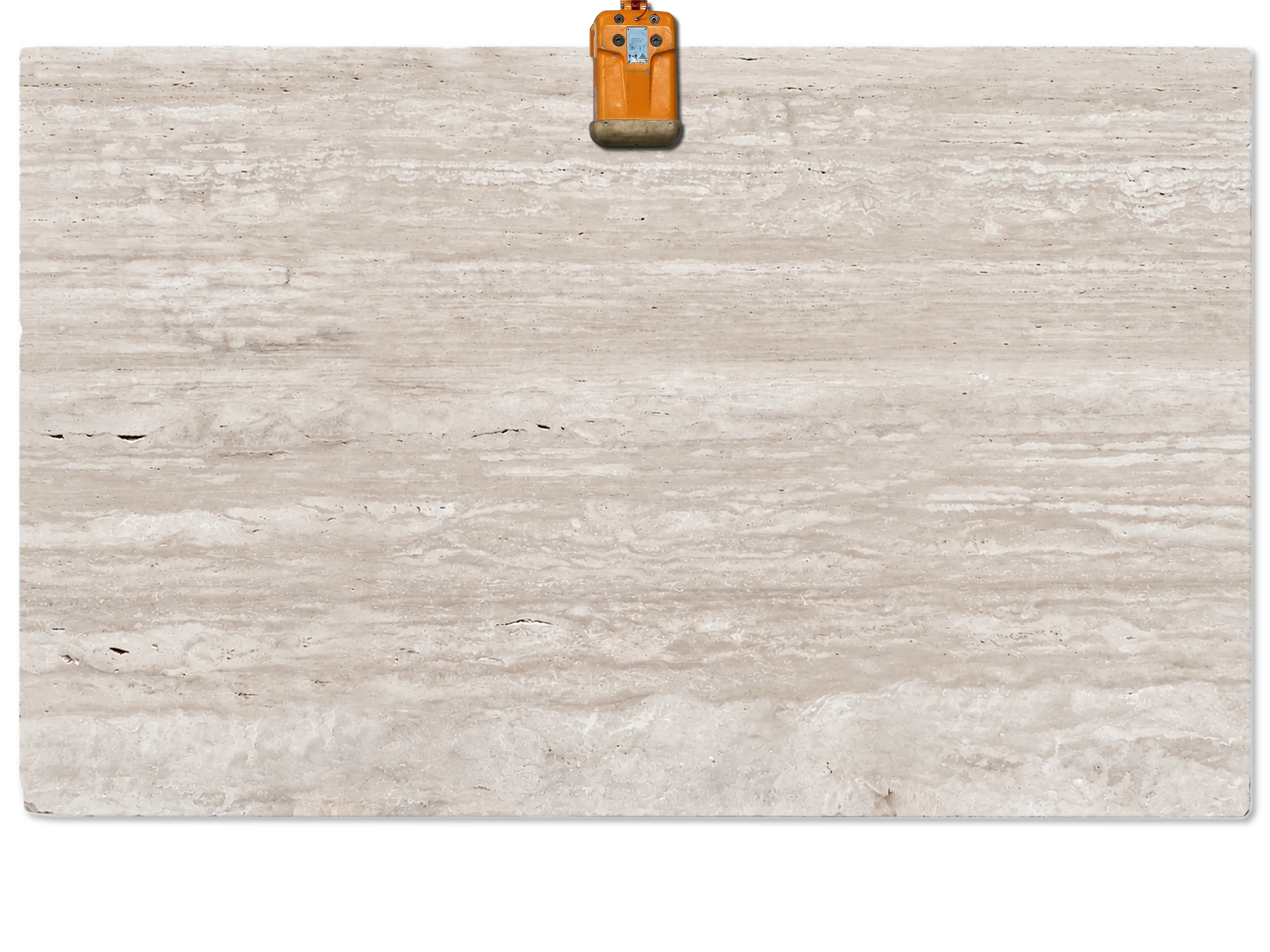 Ivory Travertine slab with pale cream and beige horizontal bands, fine linear veining, and small natural openings.