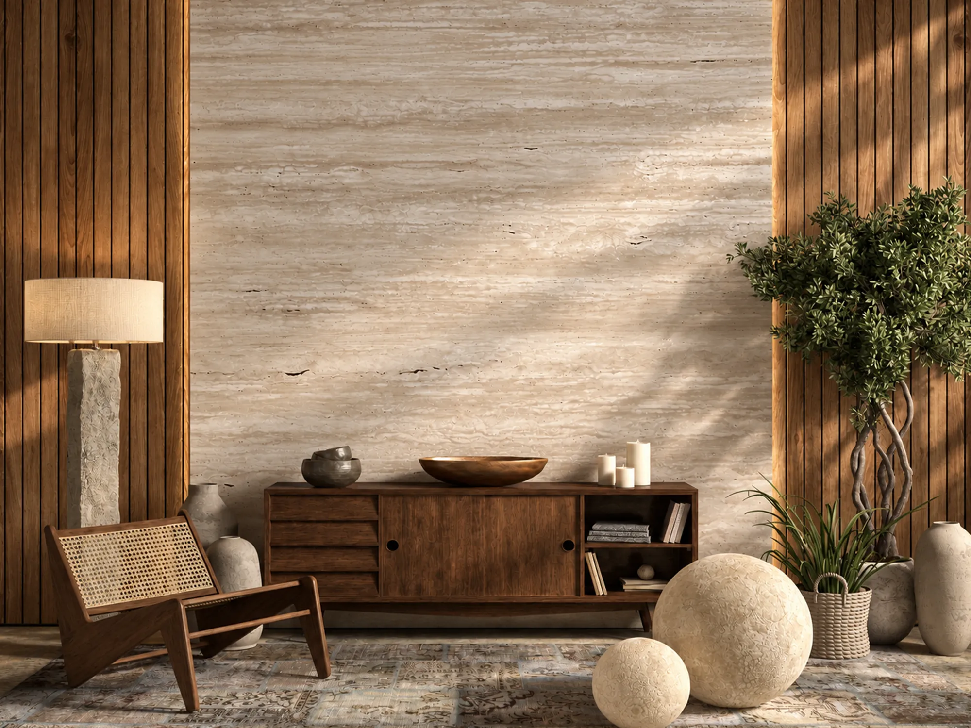 Ivory Travertine feature wall with horizontal cream and beige veining, framed by wood slats behind a wooden sideboard.