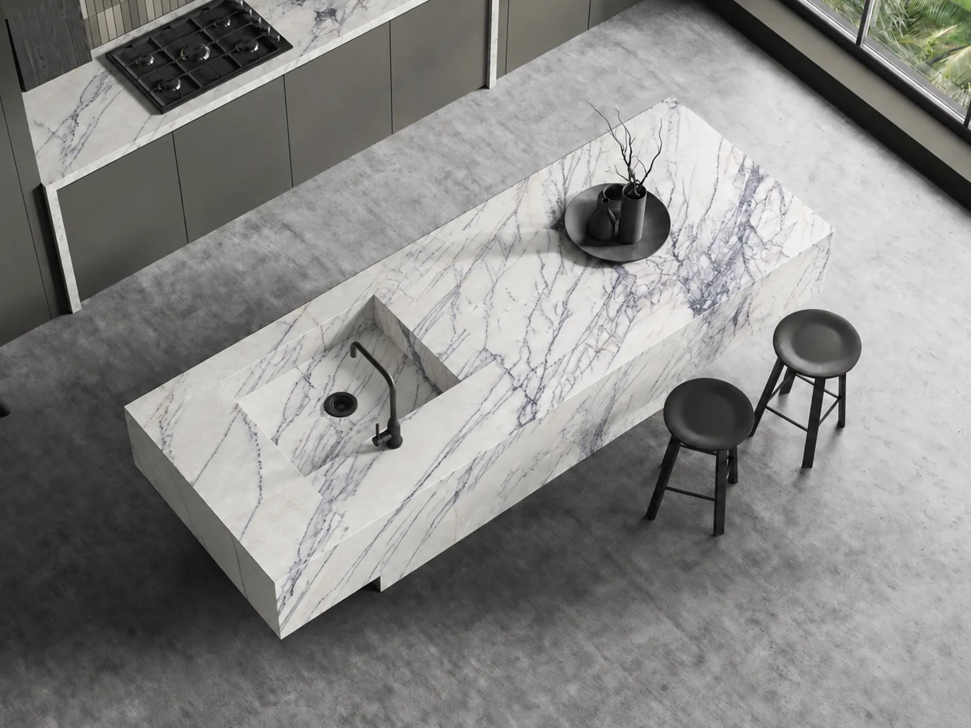 Lilac NY Selection 02 marble kitchen island with diagonal gray veining, a matching stone sink, and a black faucet.