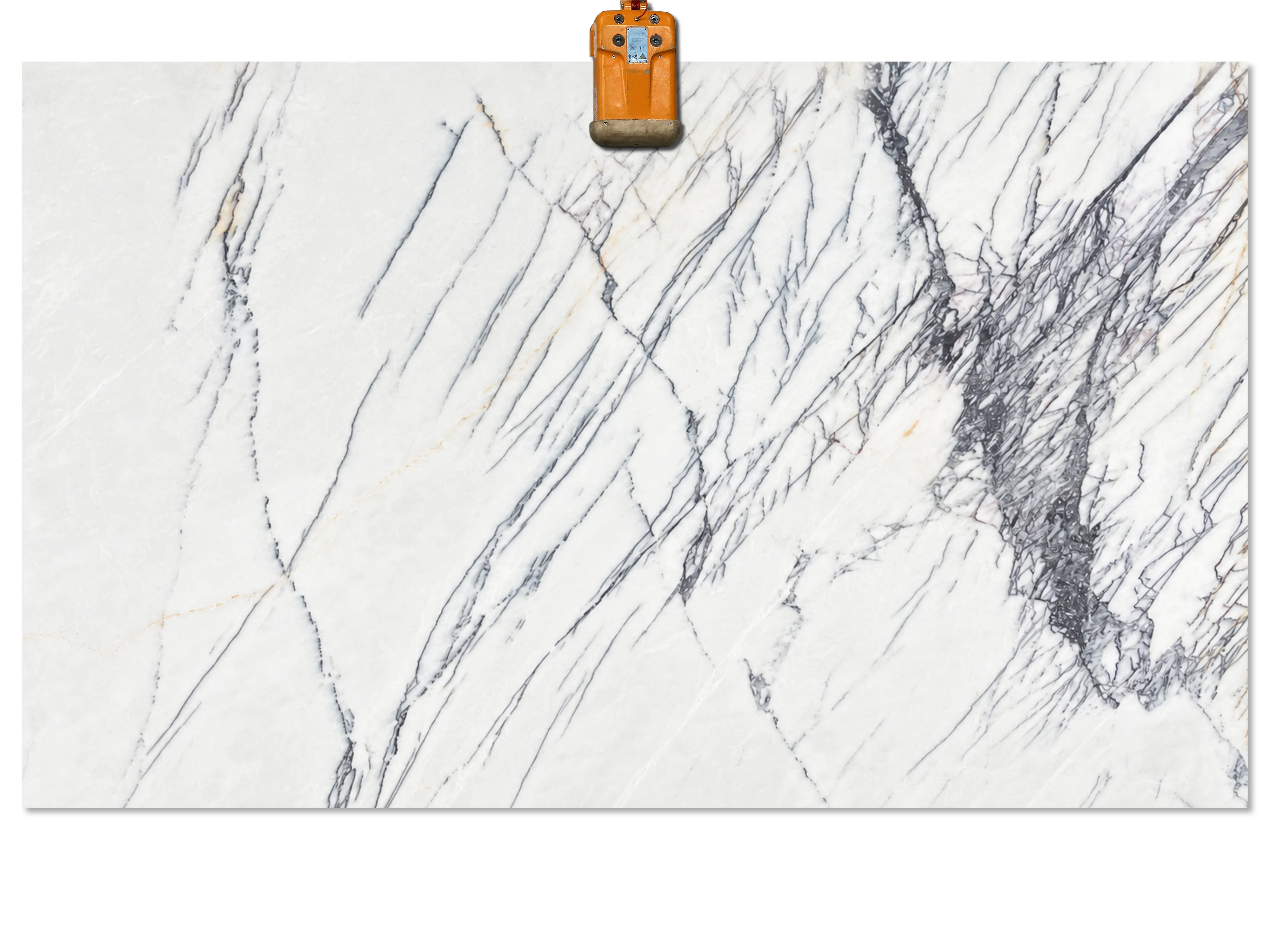 Lilac NY Selection 02 marble slab with a white background, diagonal gray veins, dense dark branching, and fine gold accents.