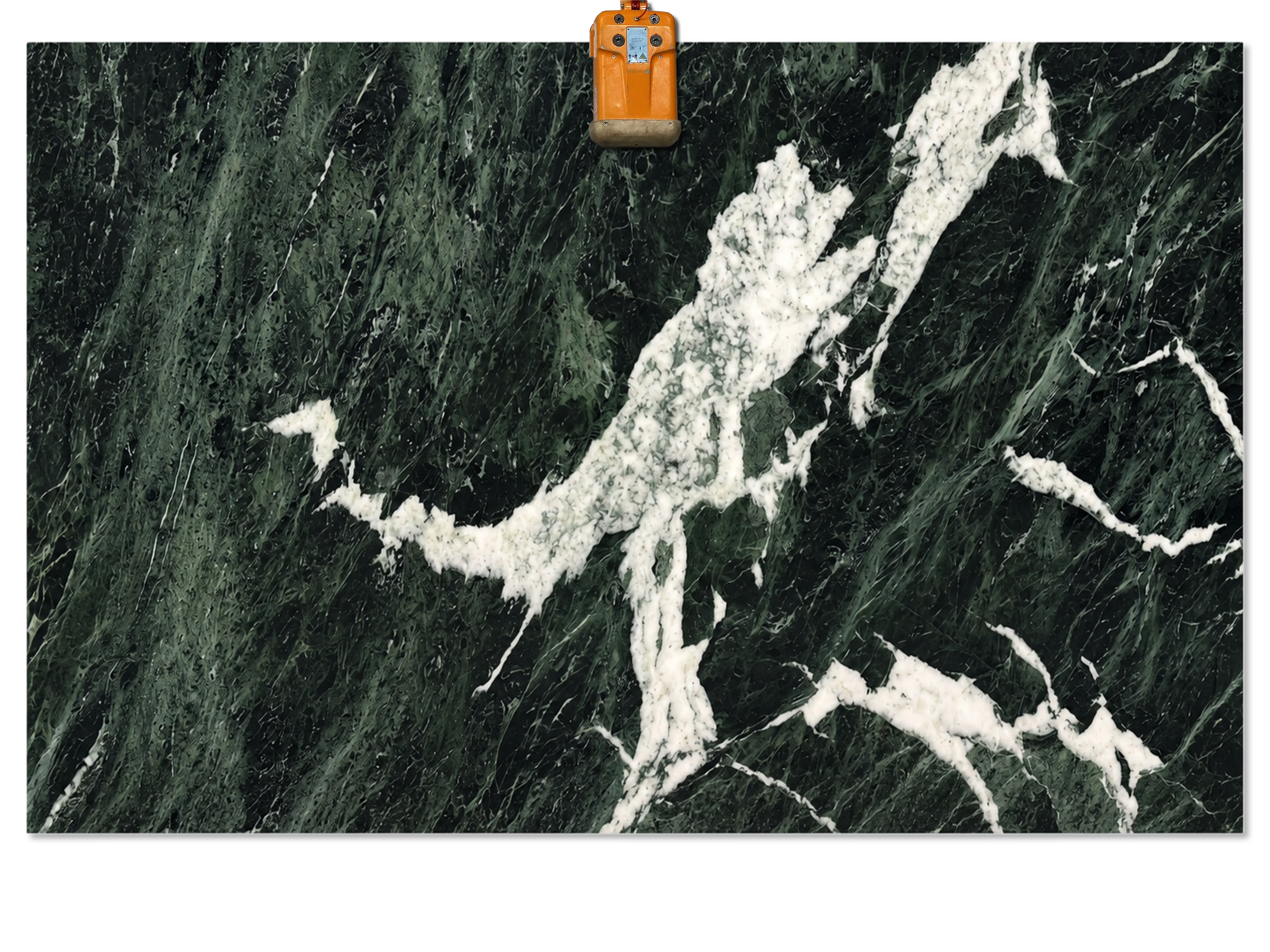 Verde Tinos marble slab with a deep green background, lighter green streaks, and bold branching white veins.