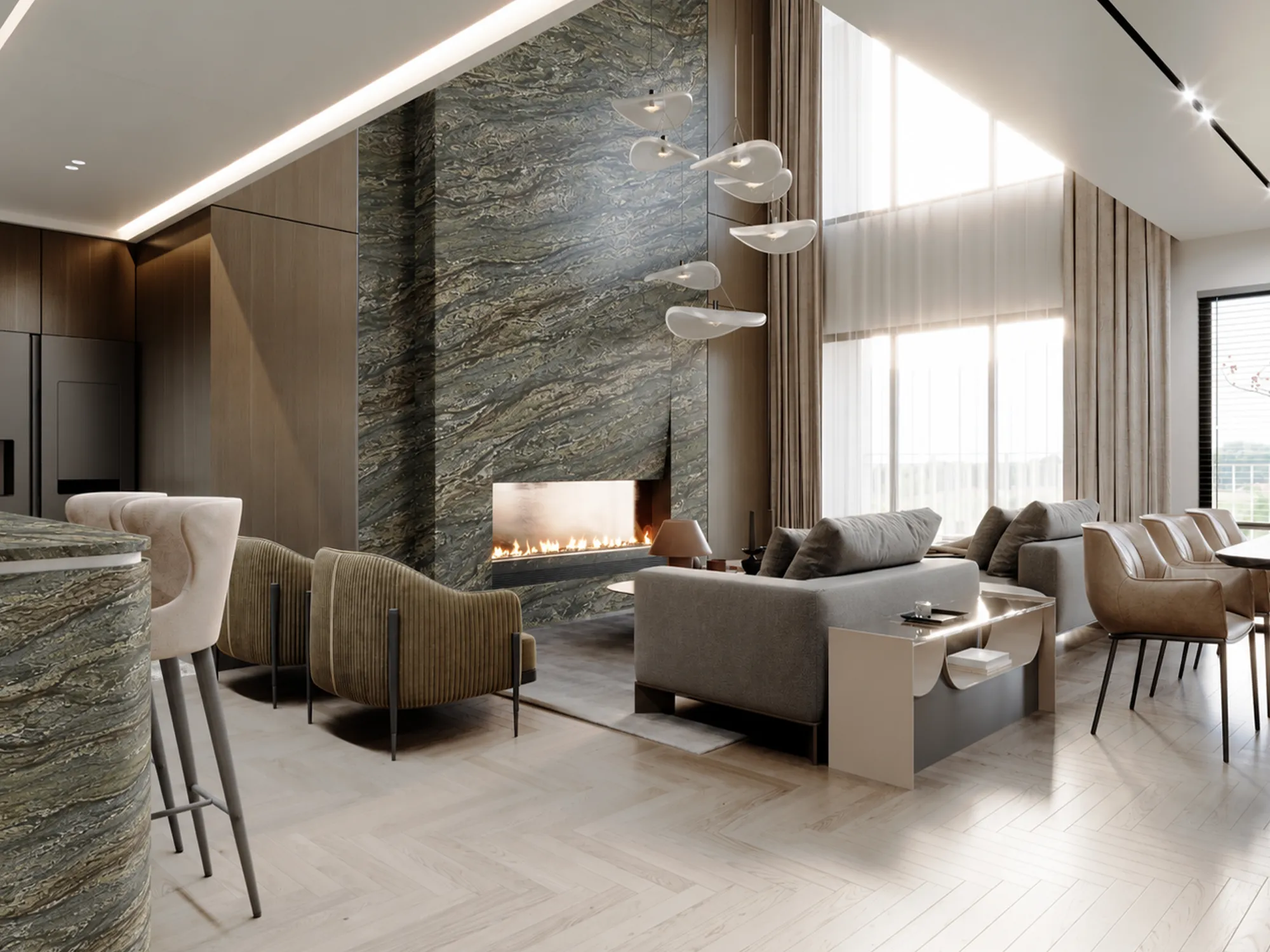 Verde Oasis green marble fireplace wall and curved bar with flowing layered veining in a bright living room with tall windows.