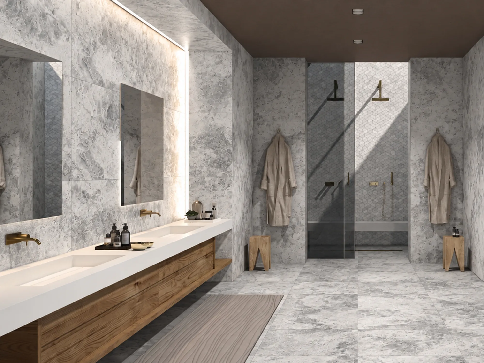 Glacier Grey marble bathroom walls and floor with gray and white patterns beside a wood vanity and glass shower.