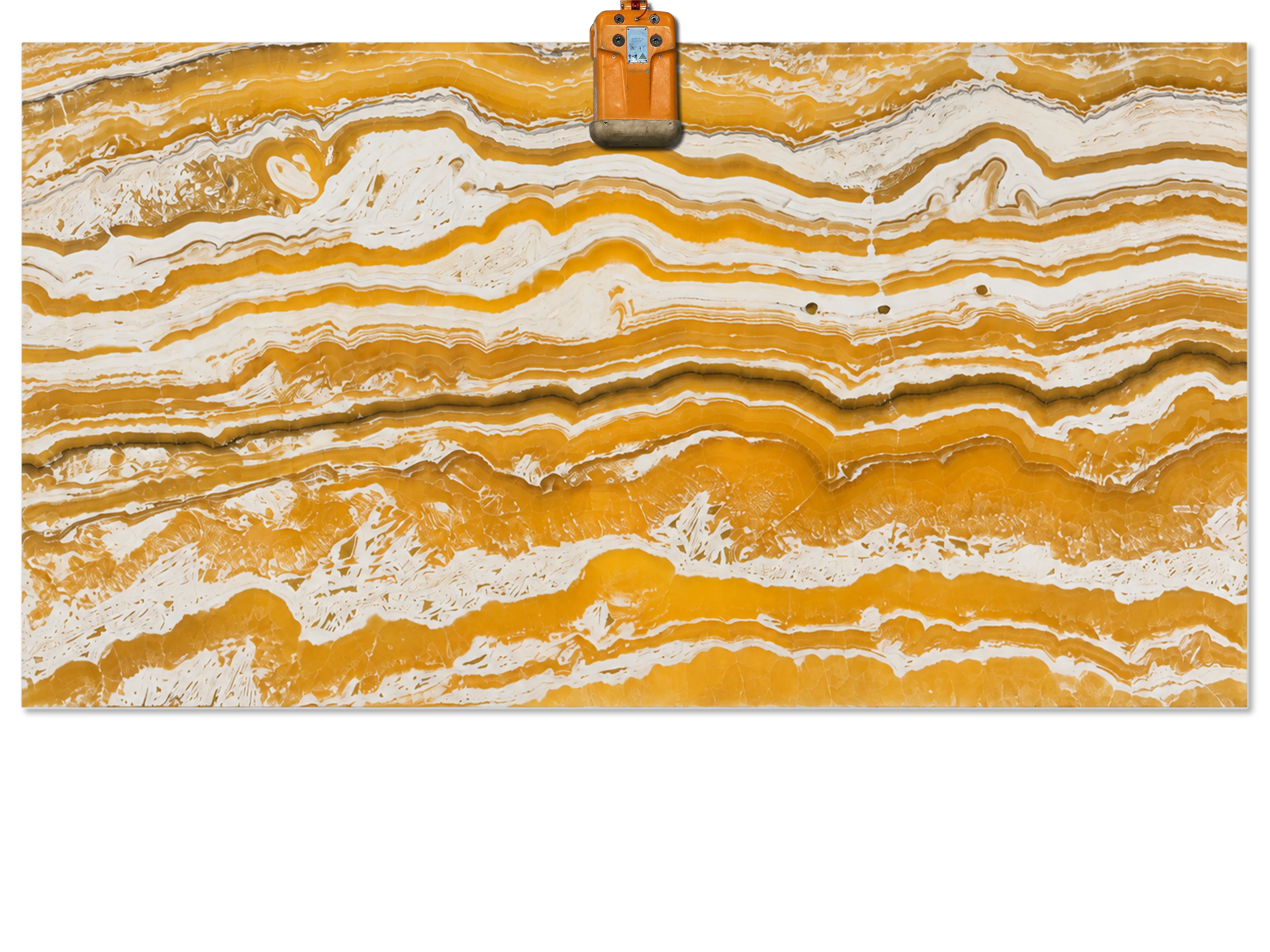 Egyptian Alabaster Onyx slab with wavy honey-gold and cream bands, fine brown lines, and intricate white patterns.