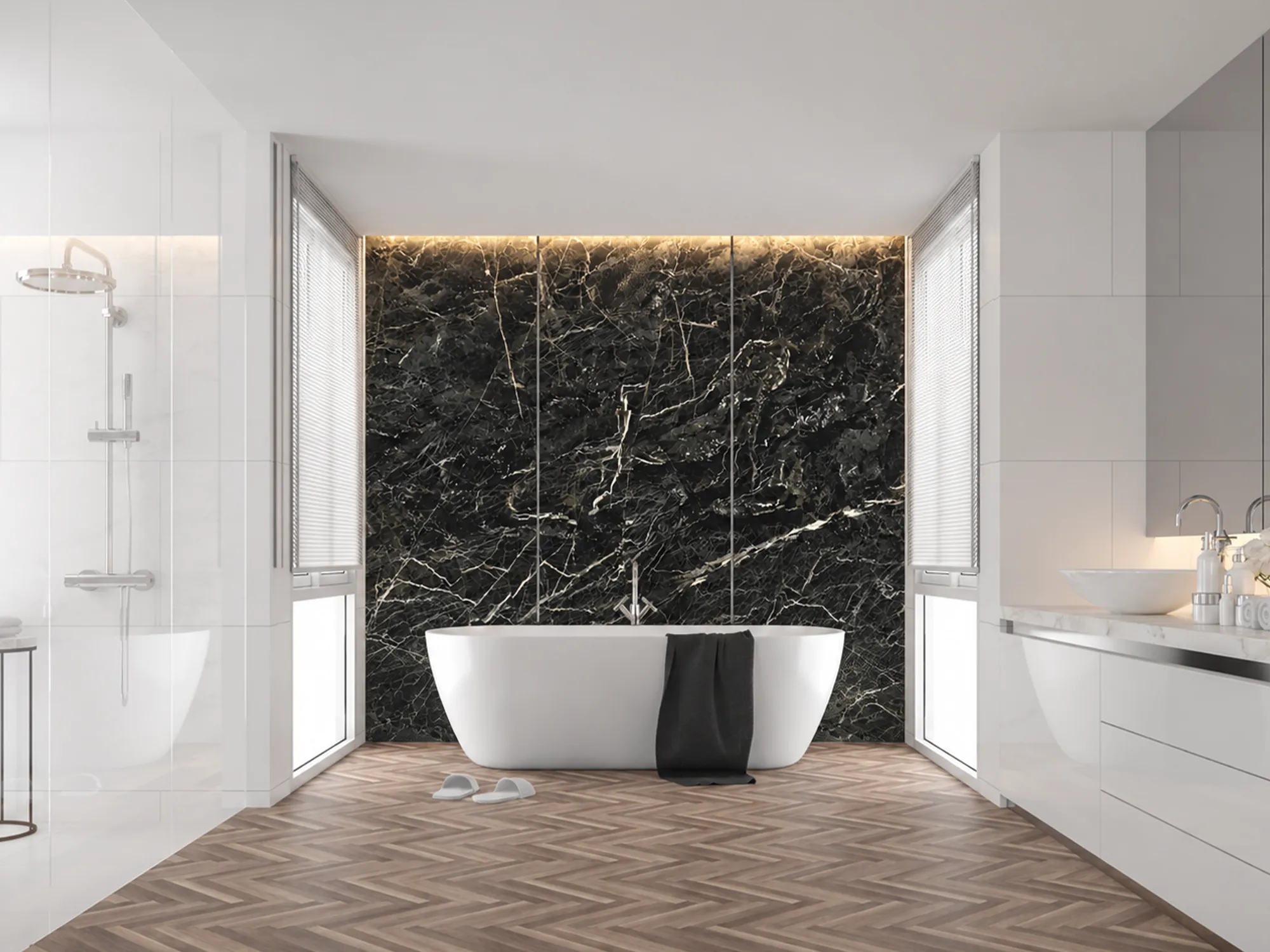 Verde Levanto marble feature wall with fine white veins behind a freestanding bathtub, illuminated along its top edge.