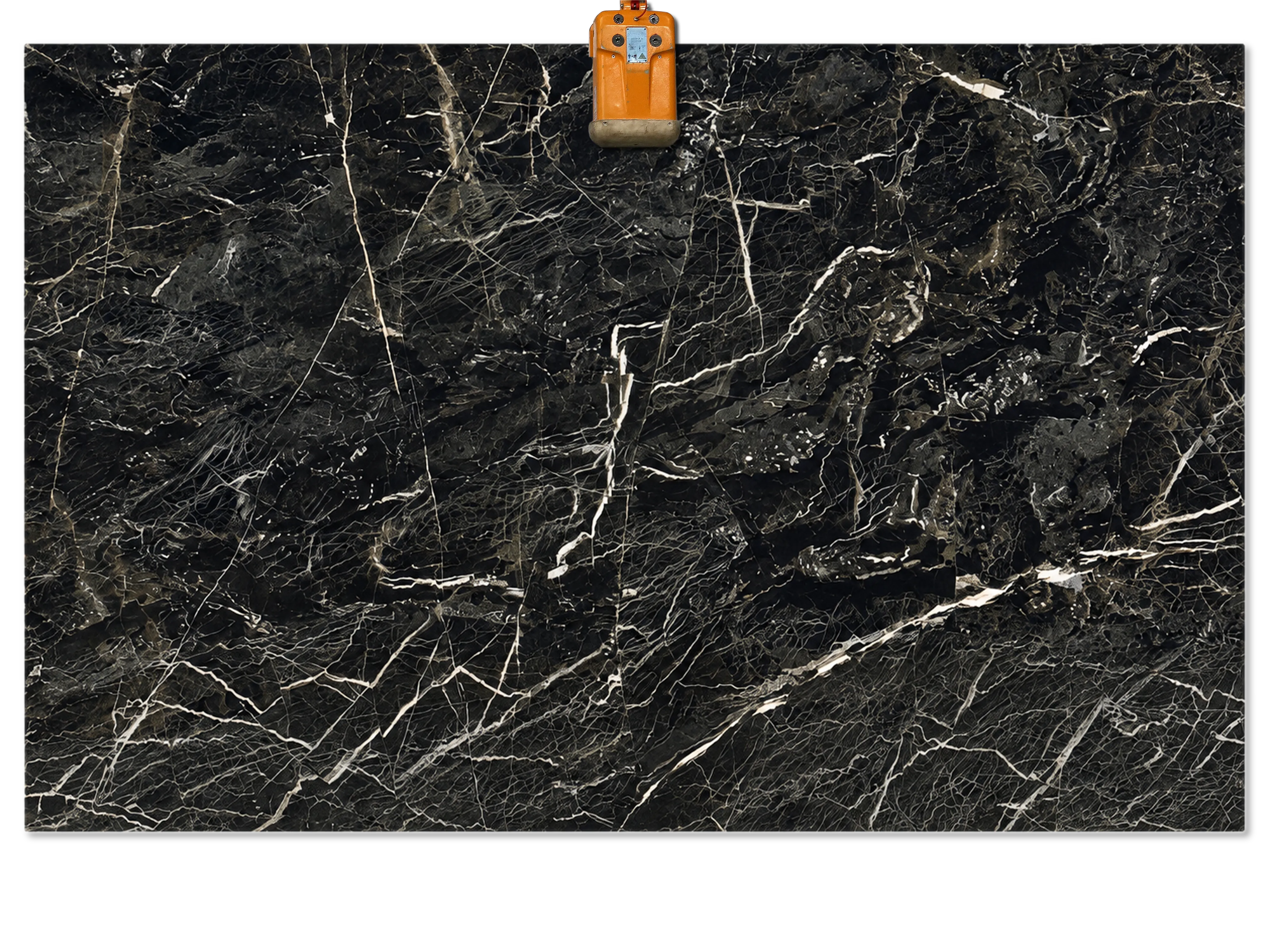 Verde Levanto marble slab with a nearly black background, muted olive tones, and fine branching white and cream veins.