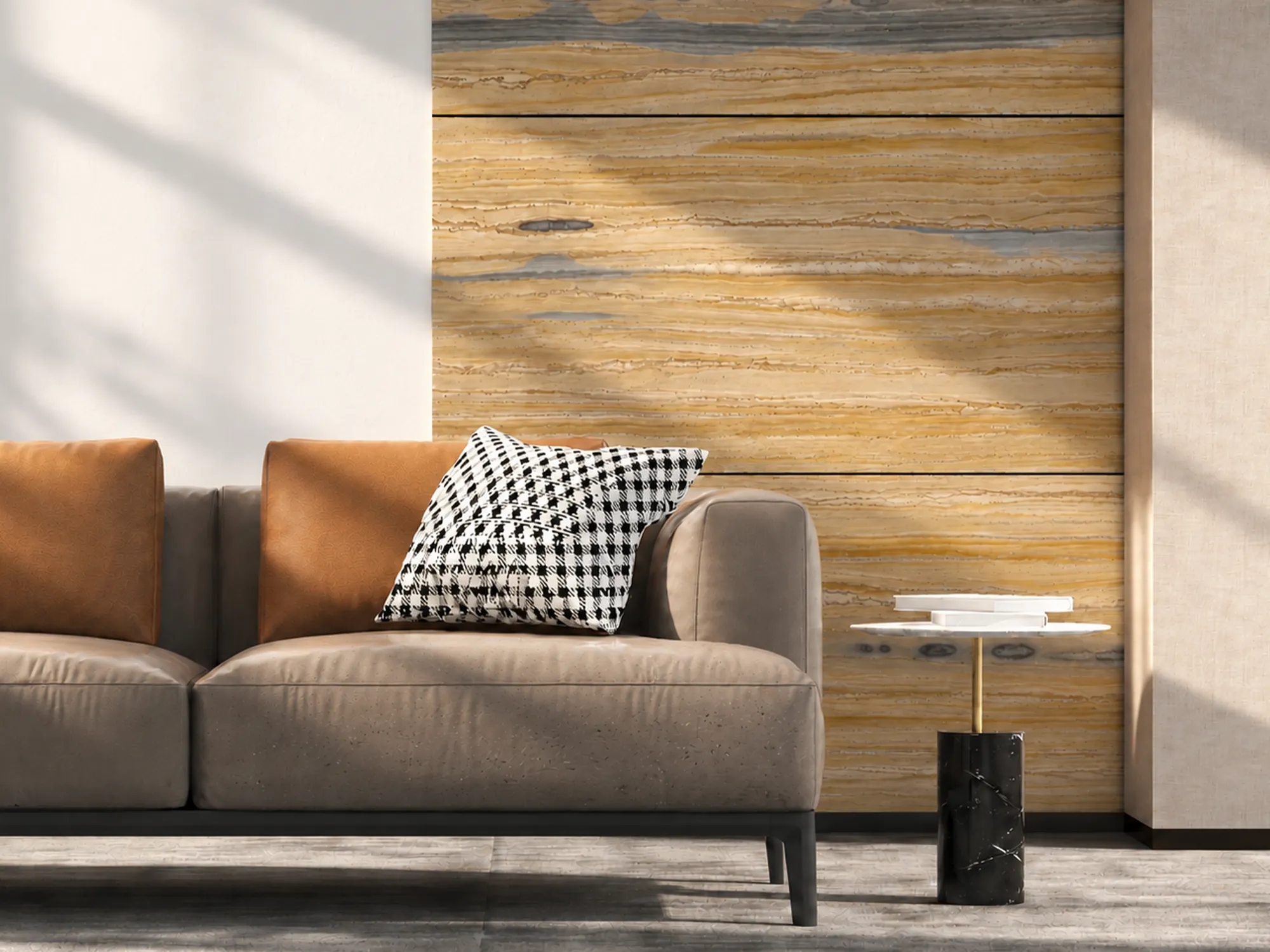 Yellow Bamboo quartzite wall panels with horizontal gold and gray bands behind a neutral sofa with warm brown cushions.