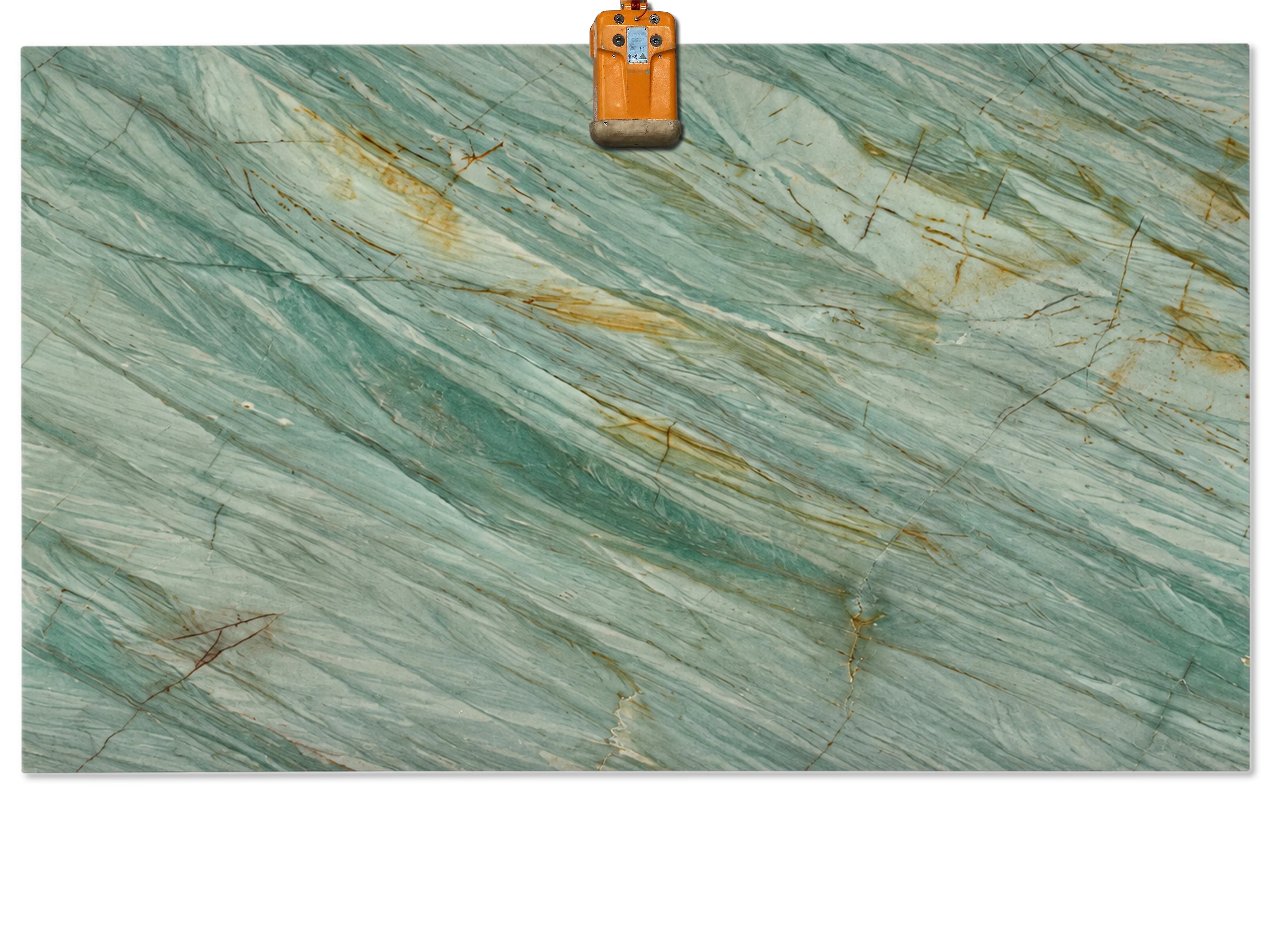 Da Vinci Green quartzite slab with soft green and aqua tones, diagonal white veining, and fine gold and brown accents.