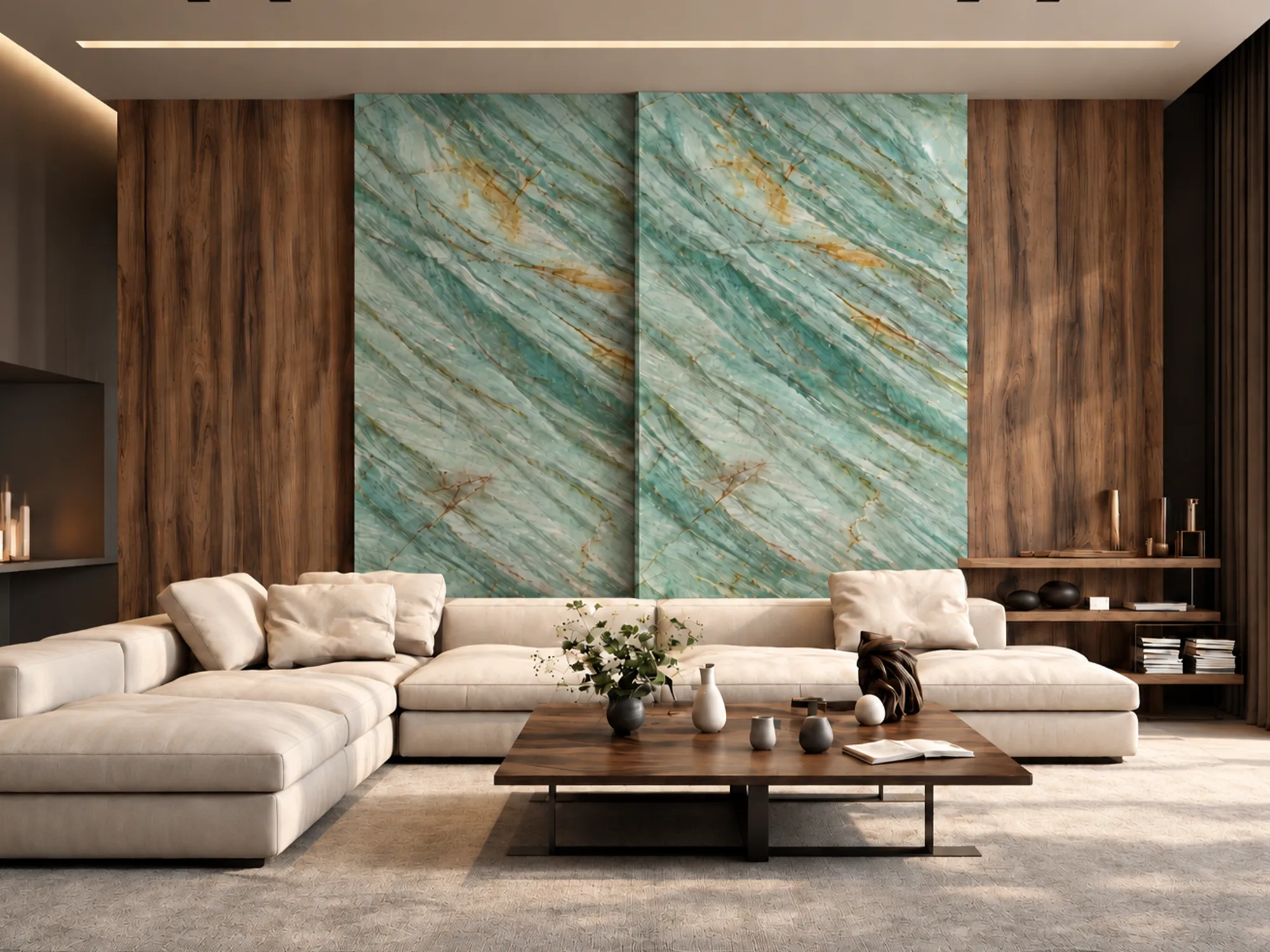 Da Vinci Green quartzite wall panels with diagonal green and gold veining behind a cream sofa, framed by wood.