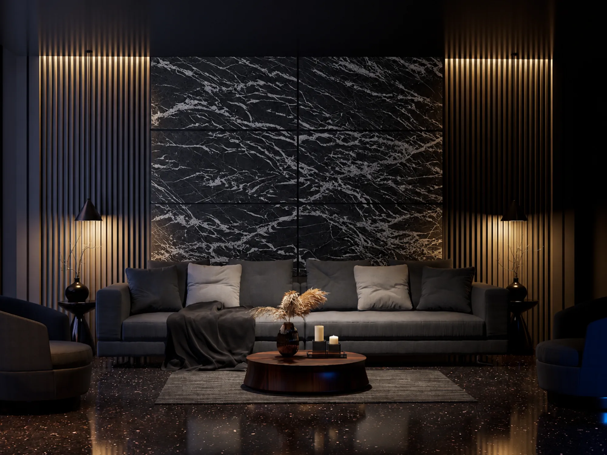 Taurus Black marble wall panels behind a gray sofa, framed by ribbed wall surfaces and warm lighting.