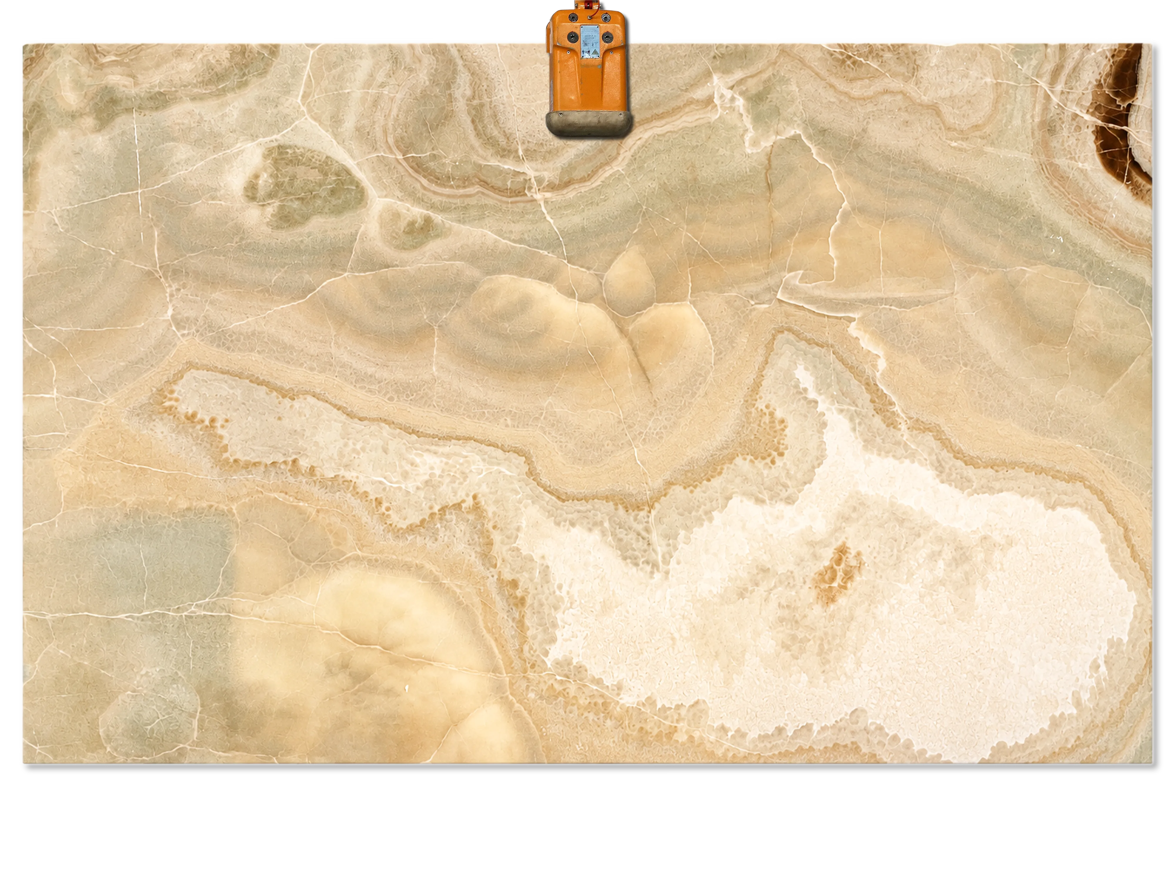 Honey Onyx slab with pale honey and cream tones, cloudy formations, curved bands, and fine white veining.