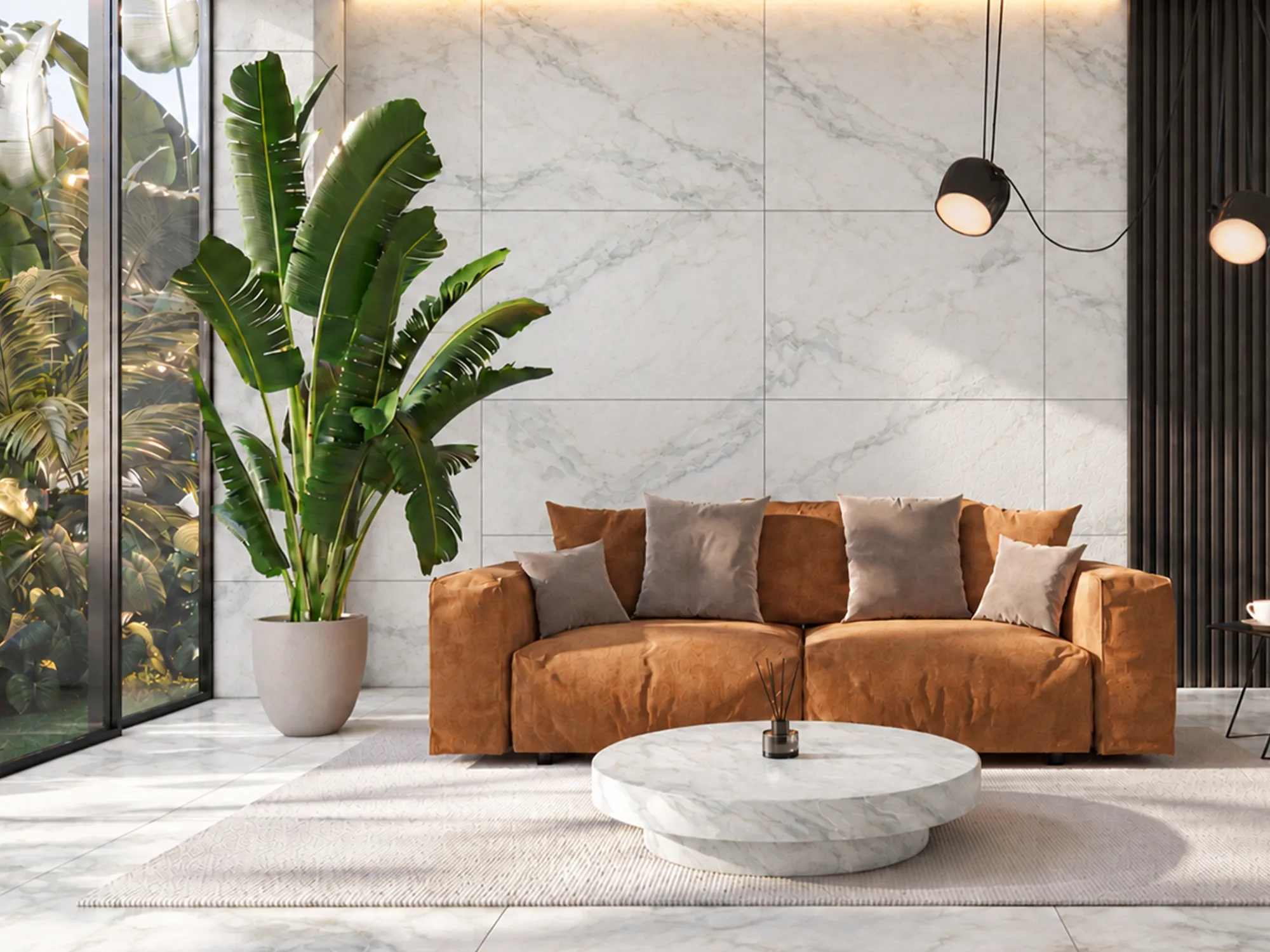 Calacatta Green marble wall tiles behind a caramel sofa, with a tall tropical plant and warm overhead lighting.