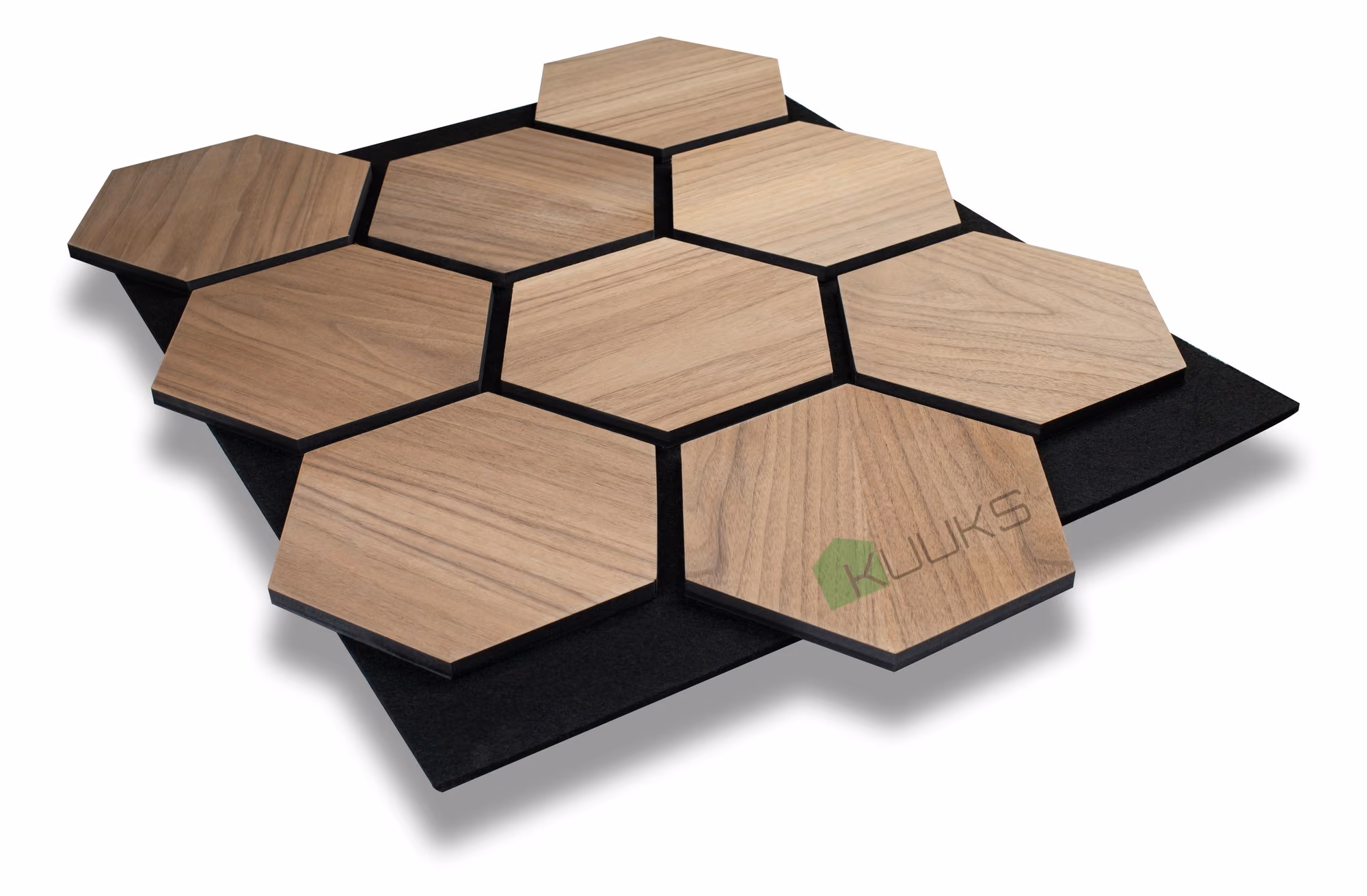 Hexagon Walnut timber acoustic panel by Kuuks