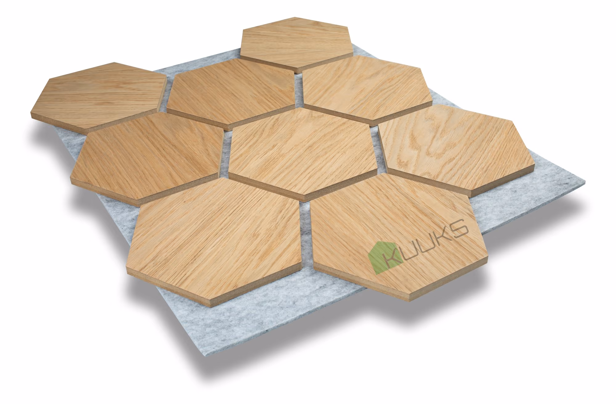 Hexagon OAK Grey Felt timber acoustic panel by Kuuks
