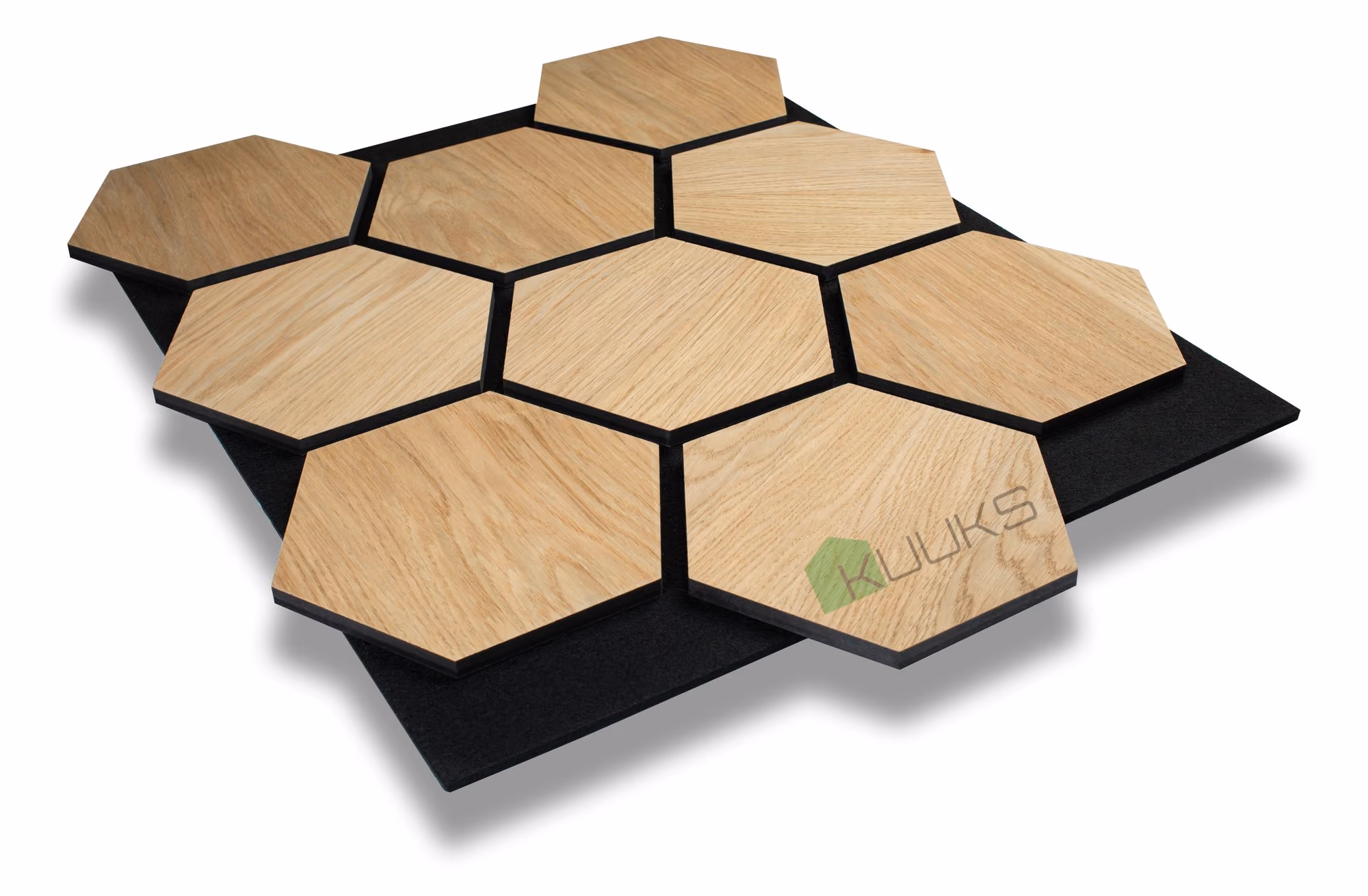 Hexagon OAK Black MDF timber acoustic panel by Kuuks